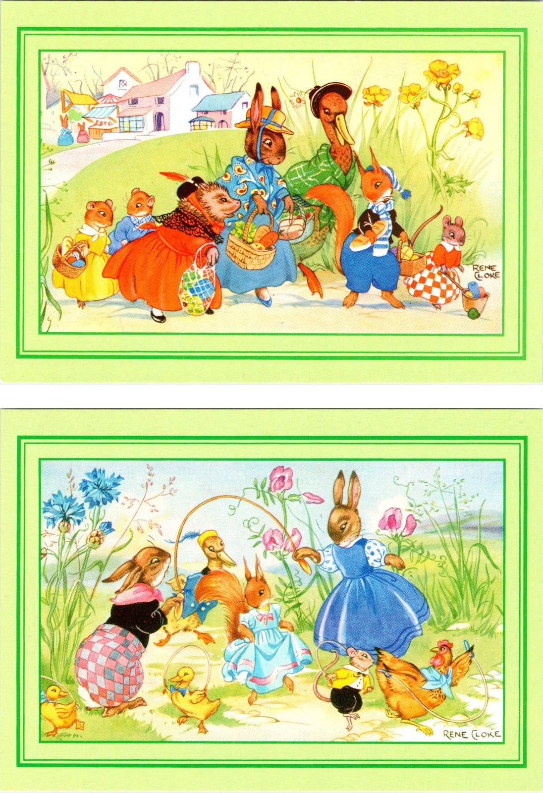 2~4X6 ART Postcards BUNNY RABBIT PICNIC & JUMP ROPE GAME By Artist RENE CLOKE