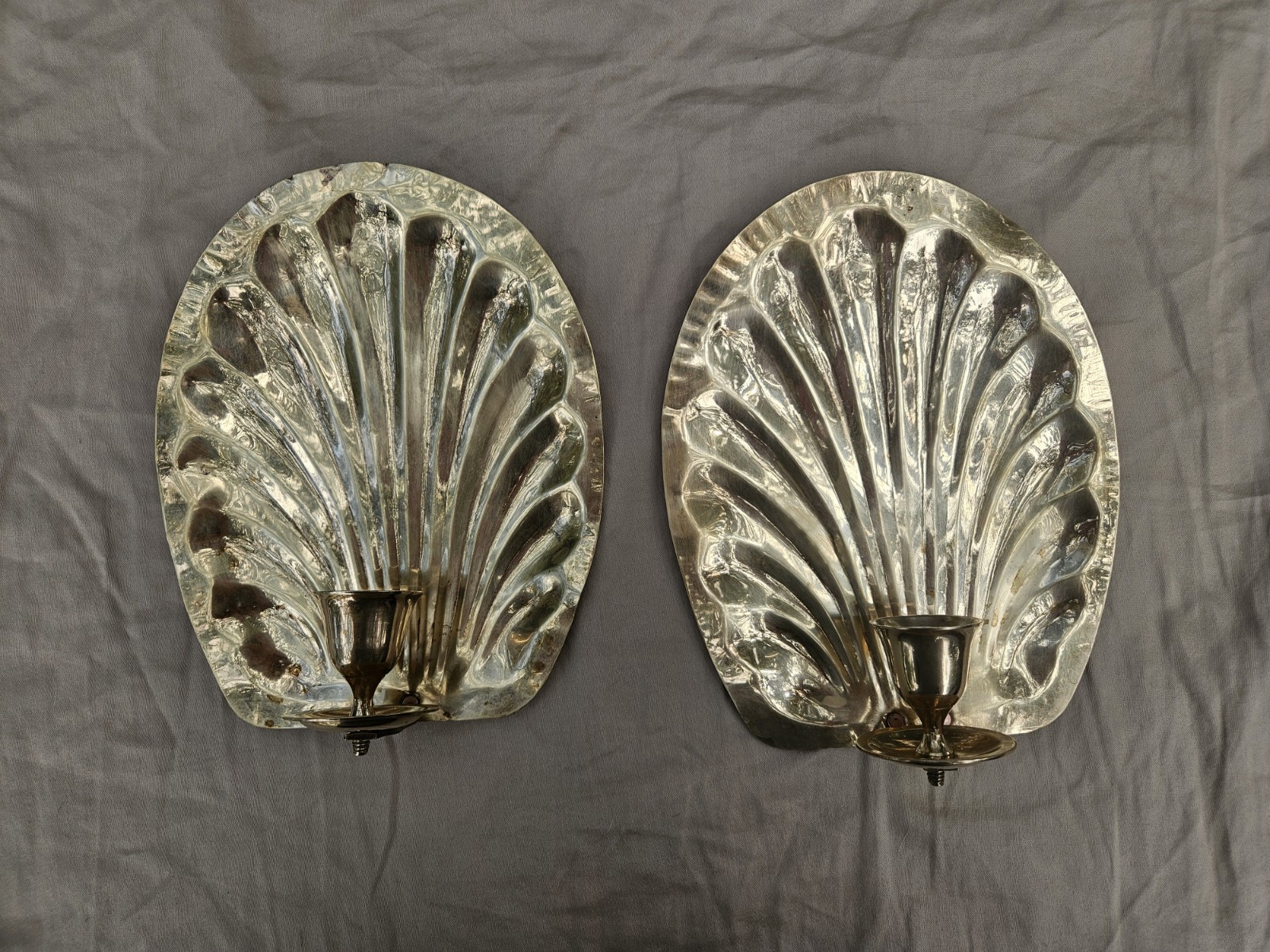 2 Vtg Brass Scalloped Seashell Shell Wall Sconce Candle Holder MCM 8\