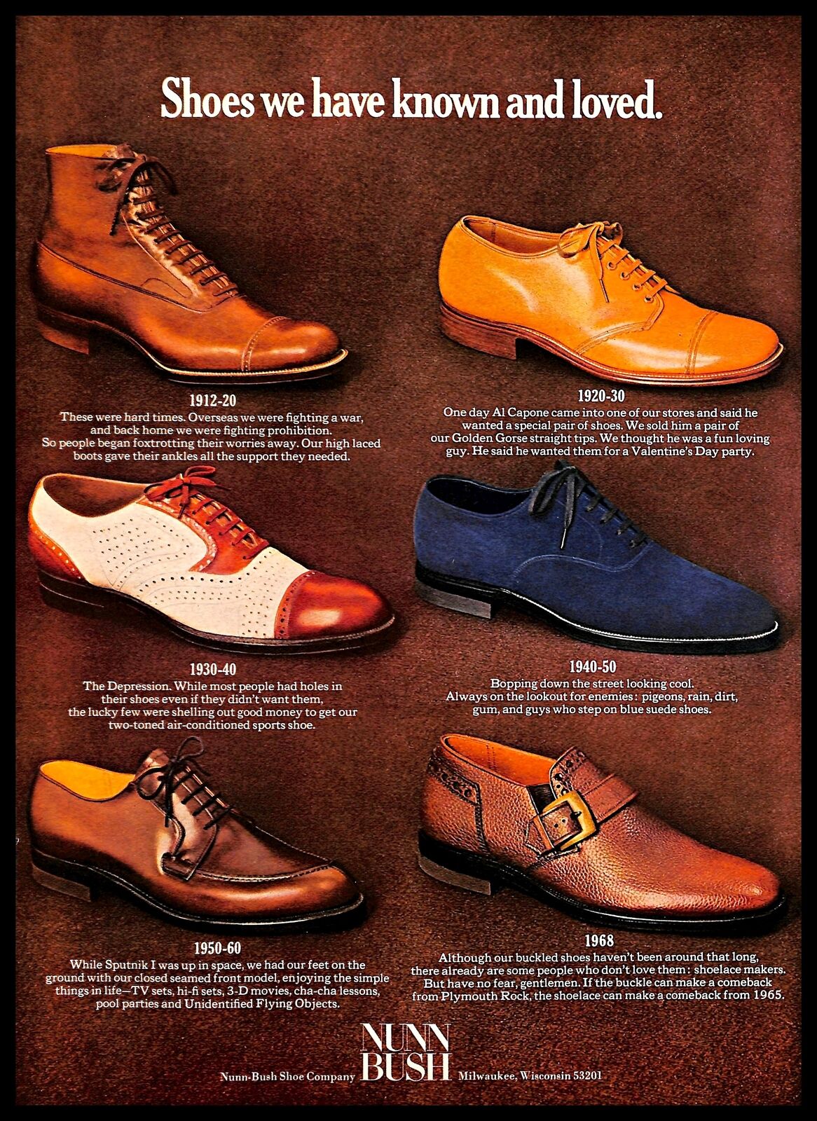 1968 Nunn Bush Shoes Vintage PRINT AD Leather Men's Footwear Styles History 