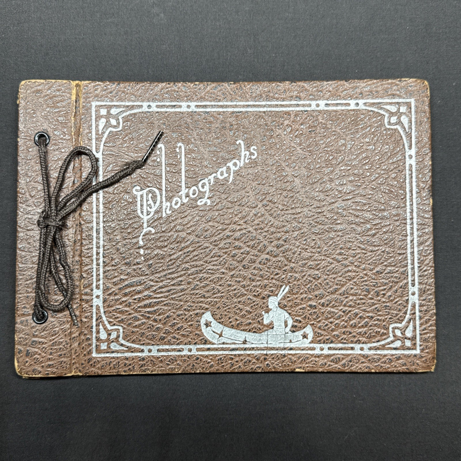 Empty Vintage 1920’s-30’s Leather Cover Photo Album With Indian Canoe On Front