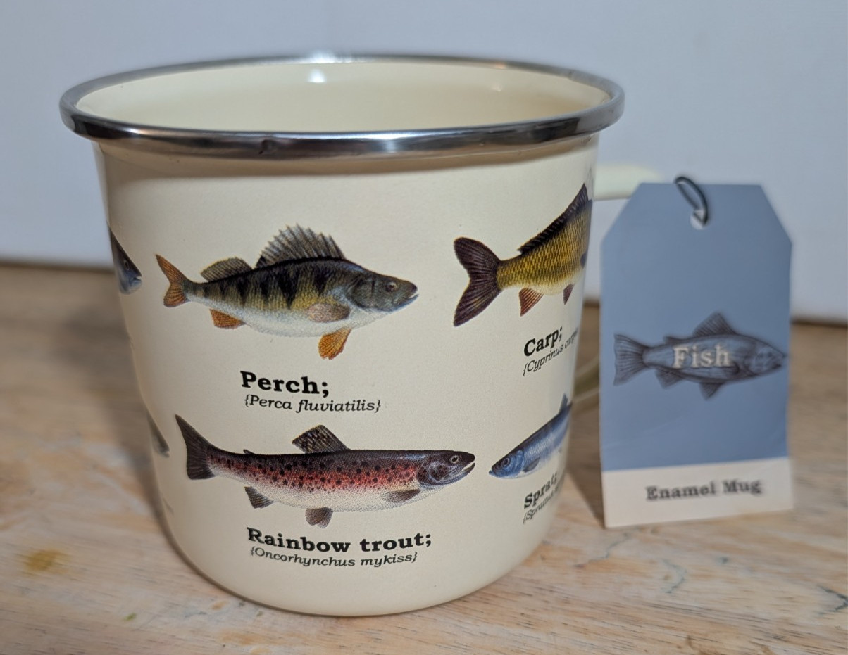 Fish Species Camp Mug 16oz Enamel, Trout, Tuna, Perch and More, NEW