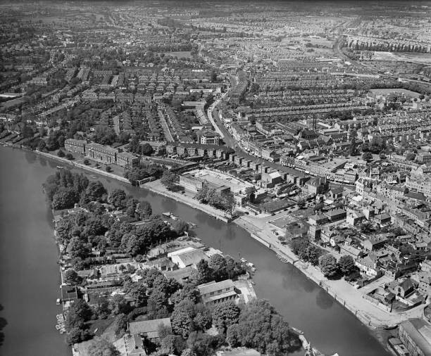 Aerial view of River Thames Eel Pie Island in centre Twickenham to- Old Photo