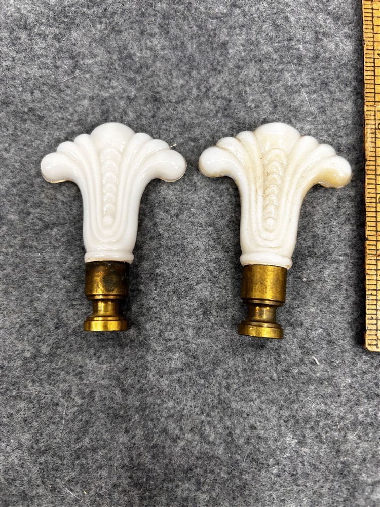 antique lamp shade finial pair glass alabester opaque fleur-de-lis original 