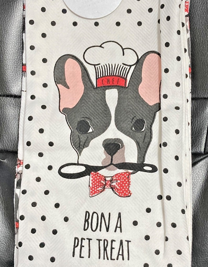 2 Pc Set- CHEF French Bulldogs 💖 BON A PET TREAT Kitchen Towels FRENCHIES Gifts