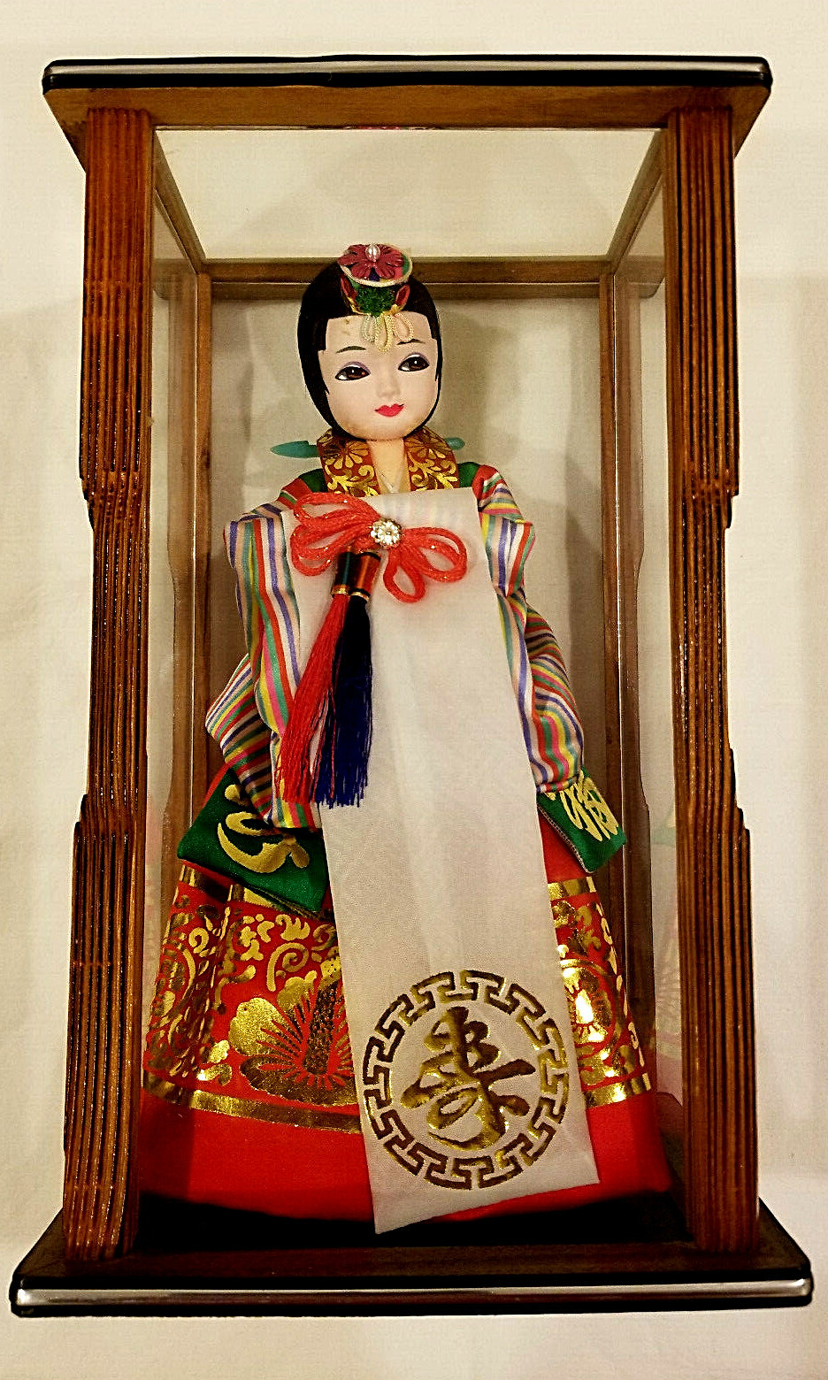Authentic Vintage Korean Bride Doll Enclosed in Glass/Wooden Display Case