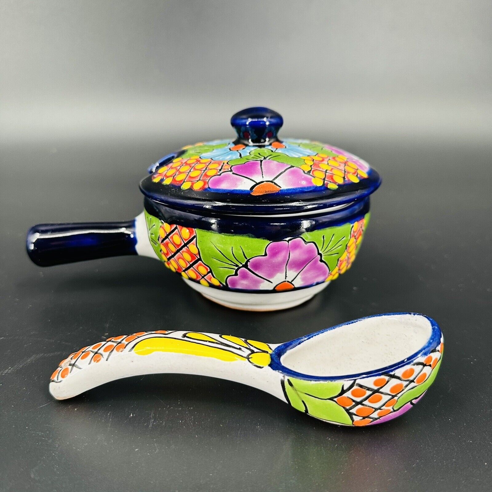 Mexican Talavera Ulises Pottery Colorful Bowl With Handle, Lid, And Spoon 