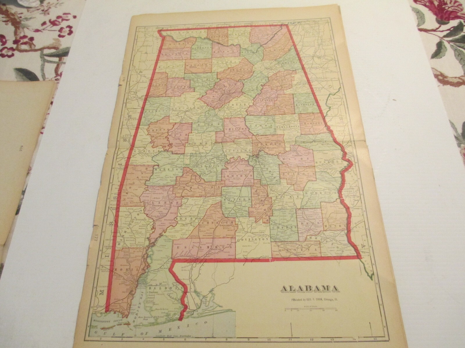ANTIQUE MAP OF ALABAMA CRAM'S ATLAS 1905 23 X 14.5 ANTIQUE MAP OF ALABAMA CRAM'S ATLAS 1905 23 X 14.5