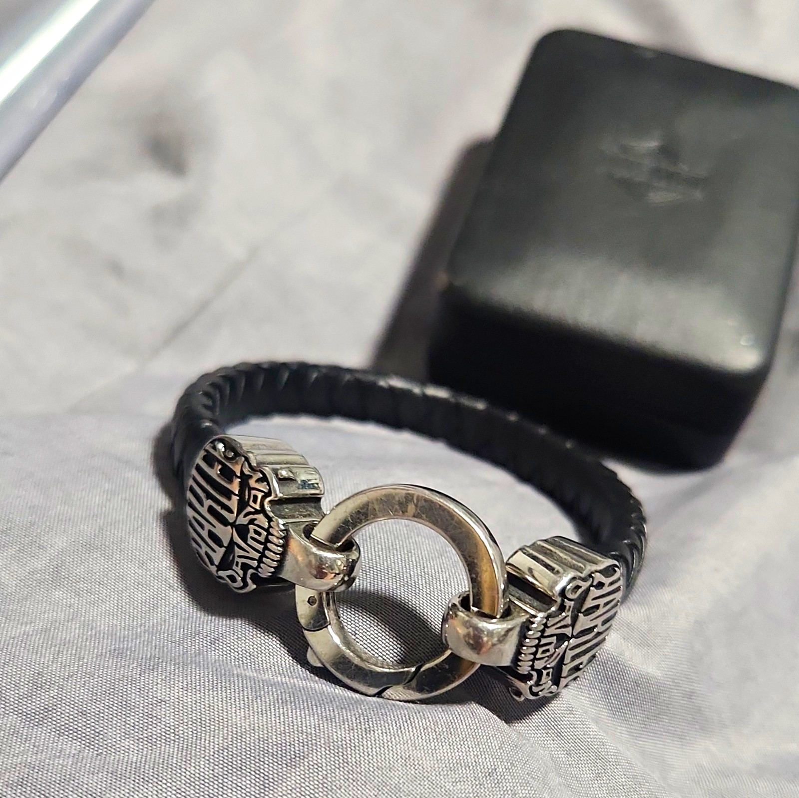 Harley-Davidson Black Braided Leather Bracelet w/ Skull Ends Ring Clasp 9.5 Inch