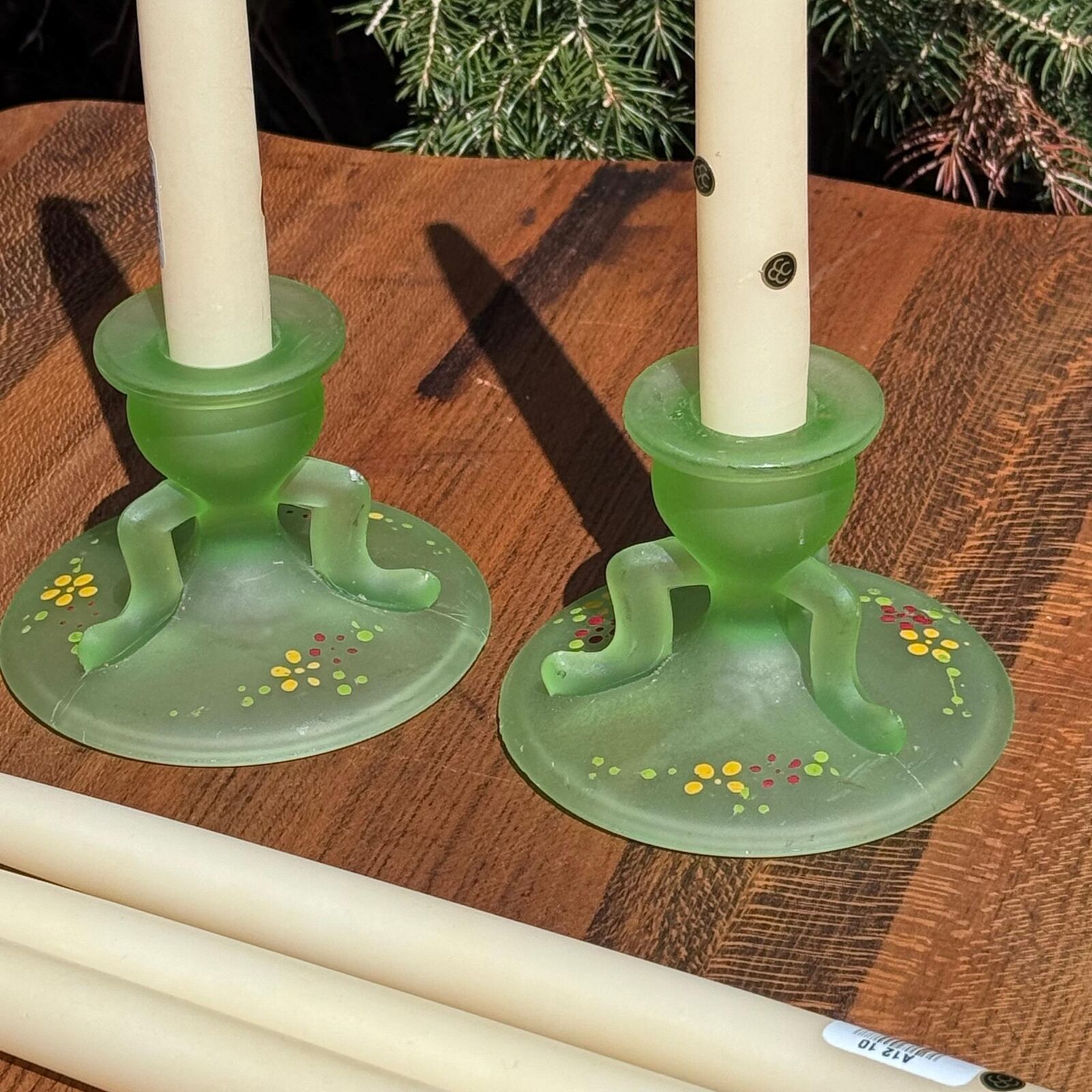 Vintage Pair Westmoreland Frosted Green Satin Uranium Glass Candle Holders and C