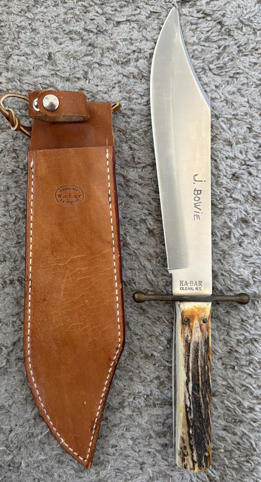 VTG KA-BAR OLEAN NY 8001 ST BONE HANDLE J. BOWIE KNIFE & LEATHER SHEATH 14”