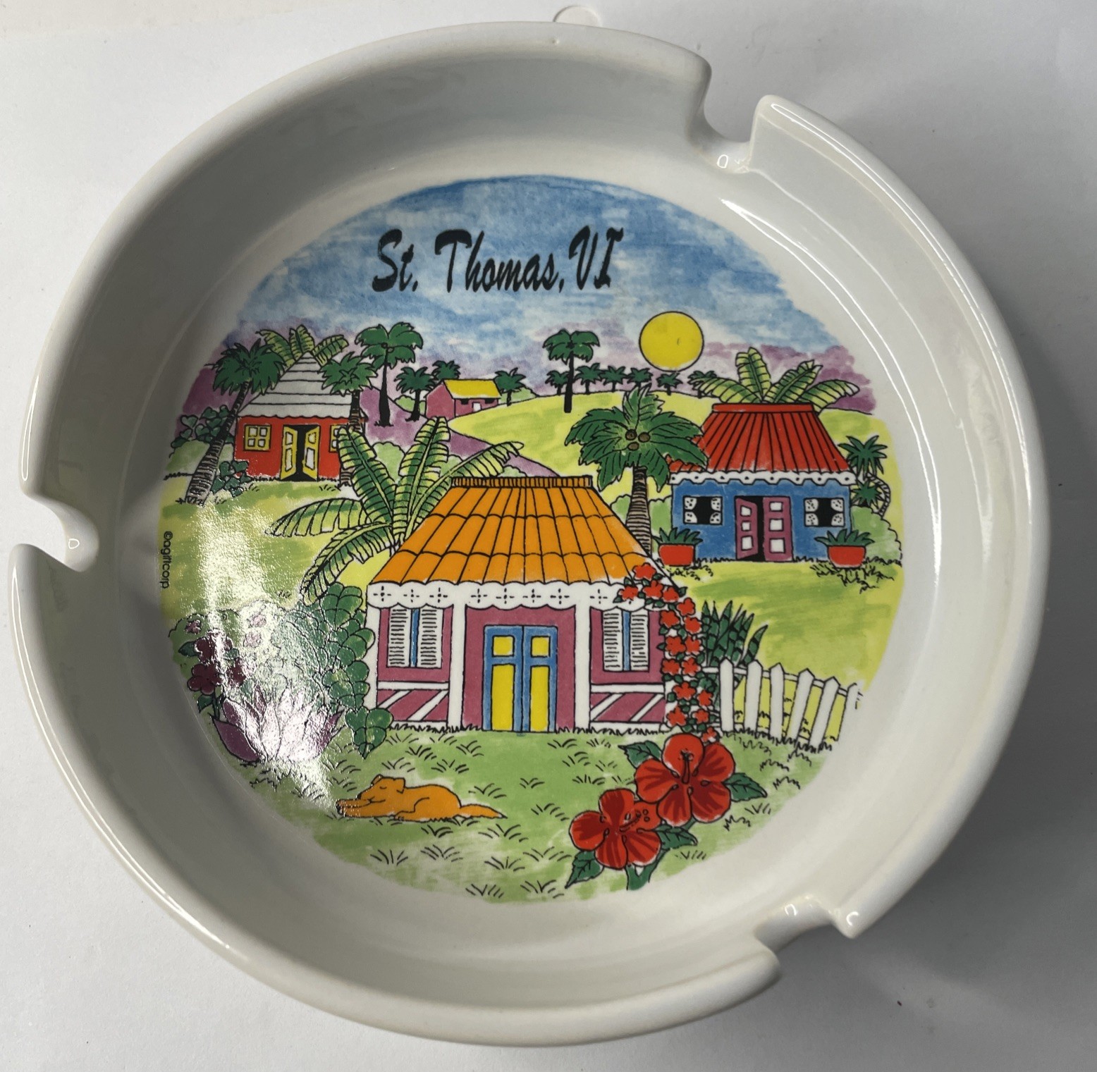 Vintage St Thomas V.I. Ashtray Souvenir Glass Cottage Graphics Great Condition