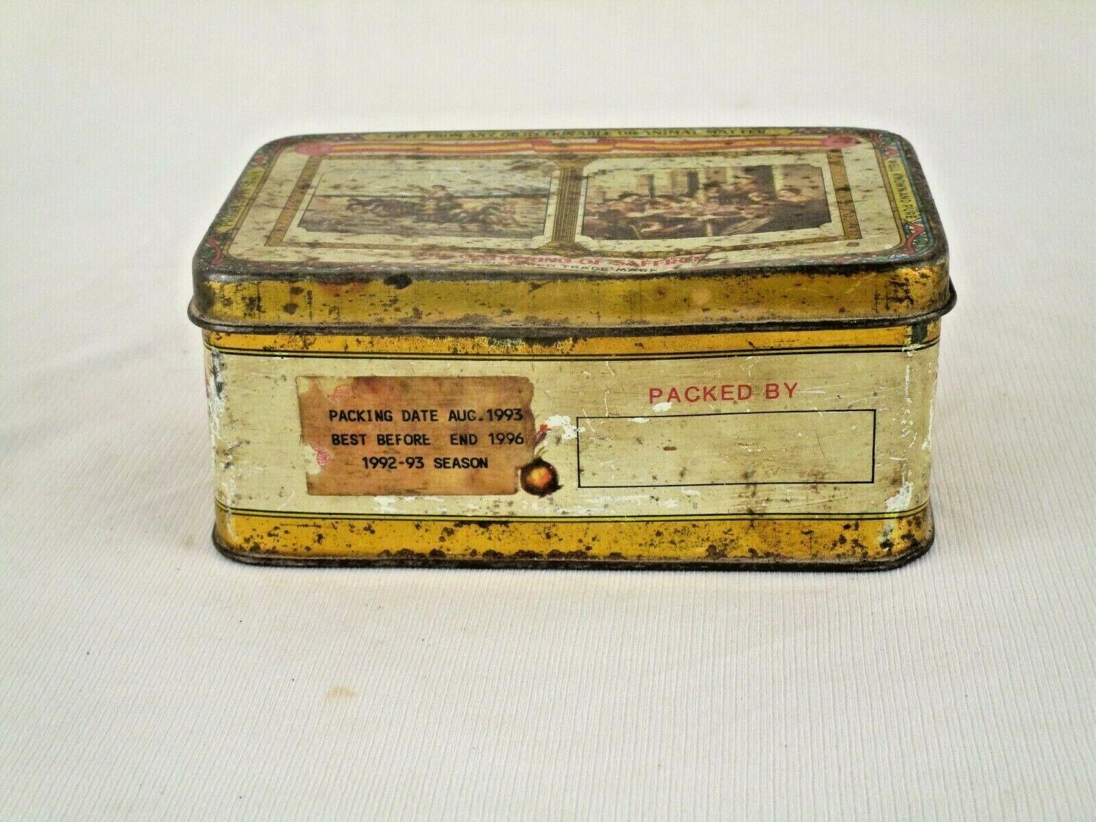 Vintage 'The Gathering of Saffron Spain' Litho Tin Box: Advertising Keepsake