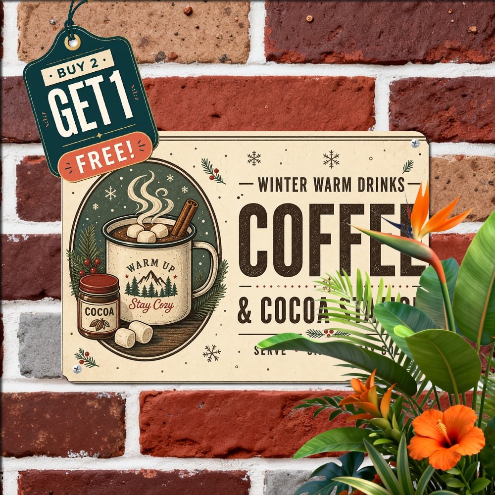 Warm Hot Cocoa Station Sign Metal Sign Vintage Holiday Decor 8x12