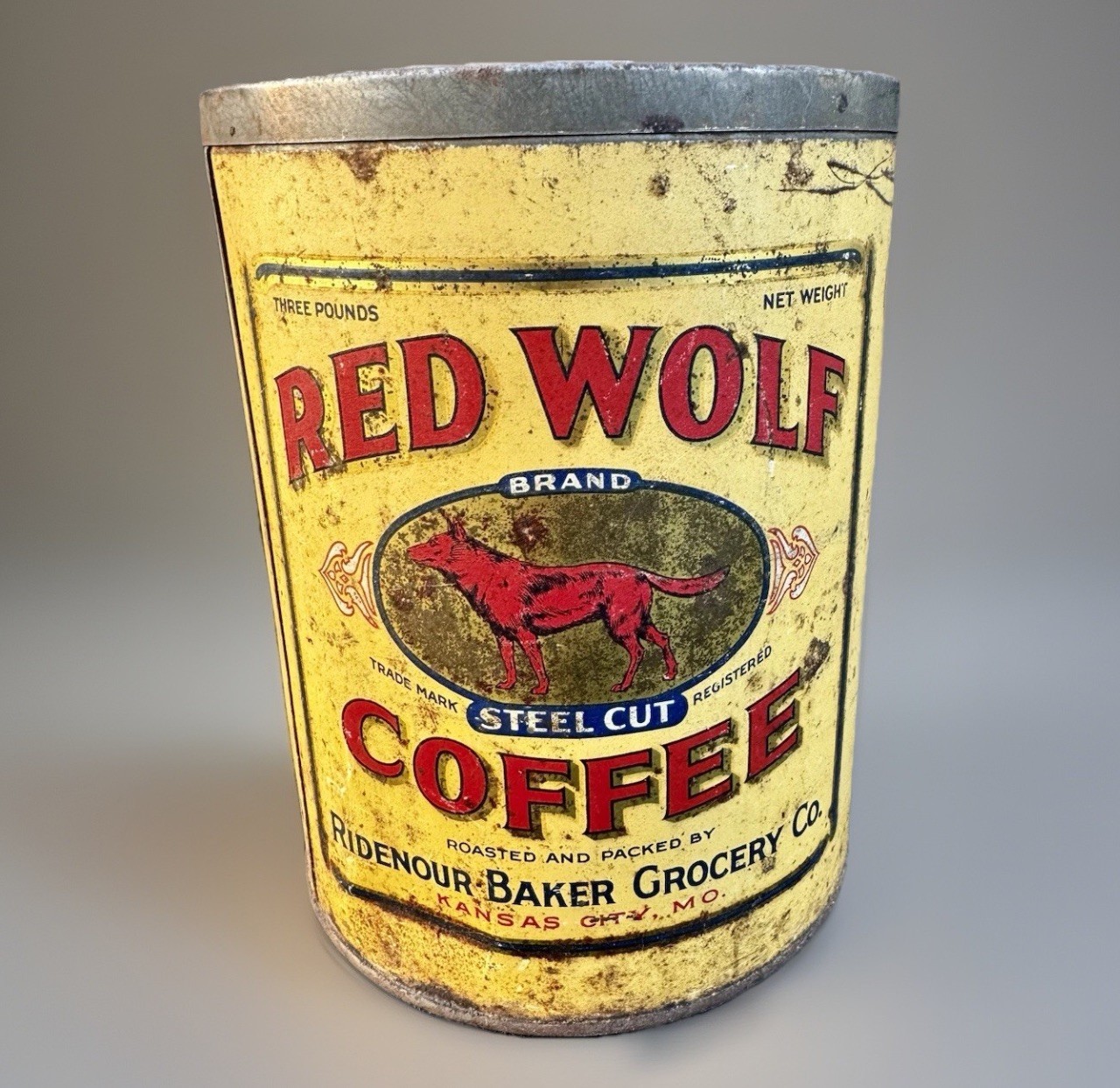 VERY RARE ANTIQUE RED WOLF COFFEE Three POUND TIN CAN KANSAS CITY MISSOURI 3#