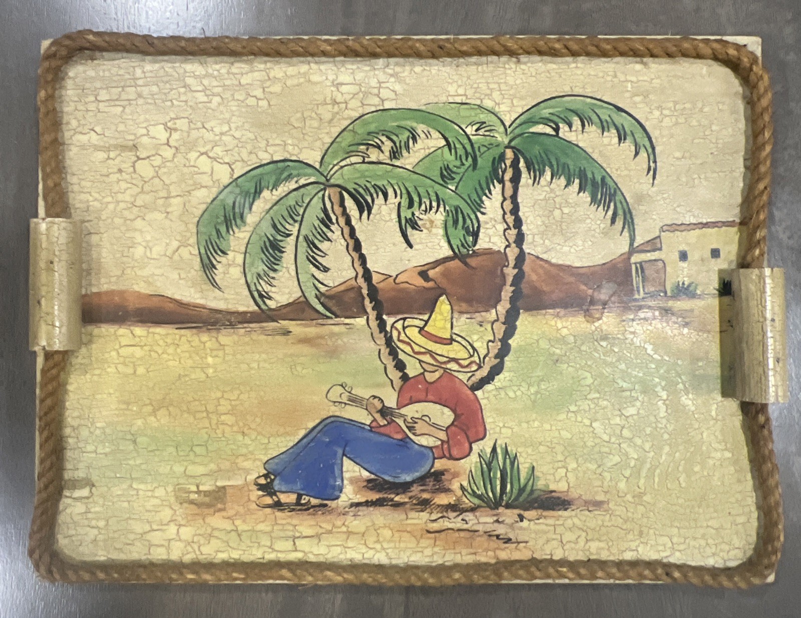 Mexican Vintage Early California Monterey Rancho Craft Crackle Tray Siesta Rope