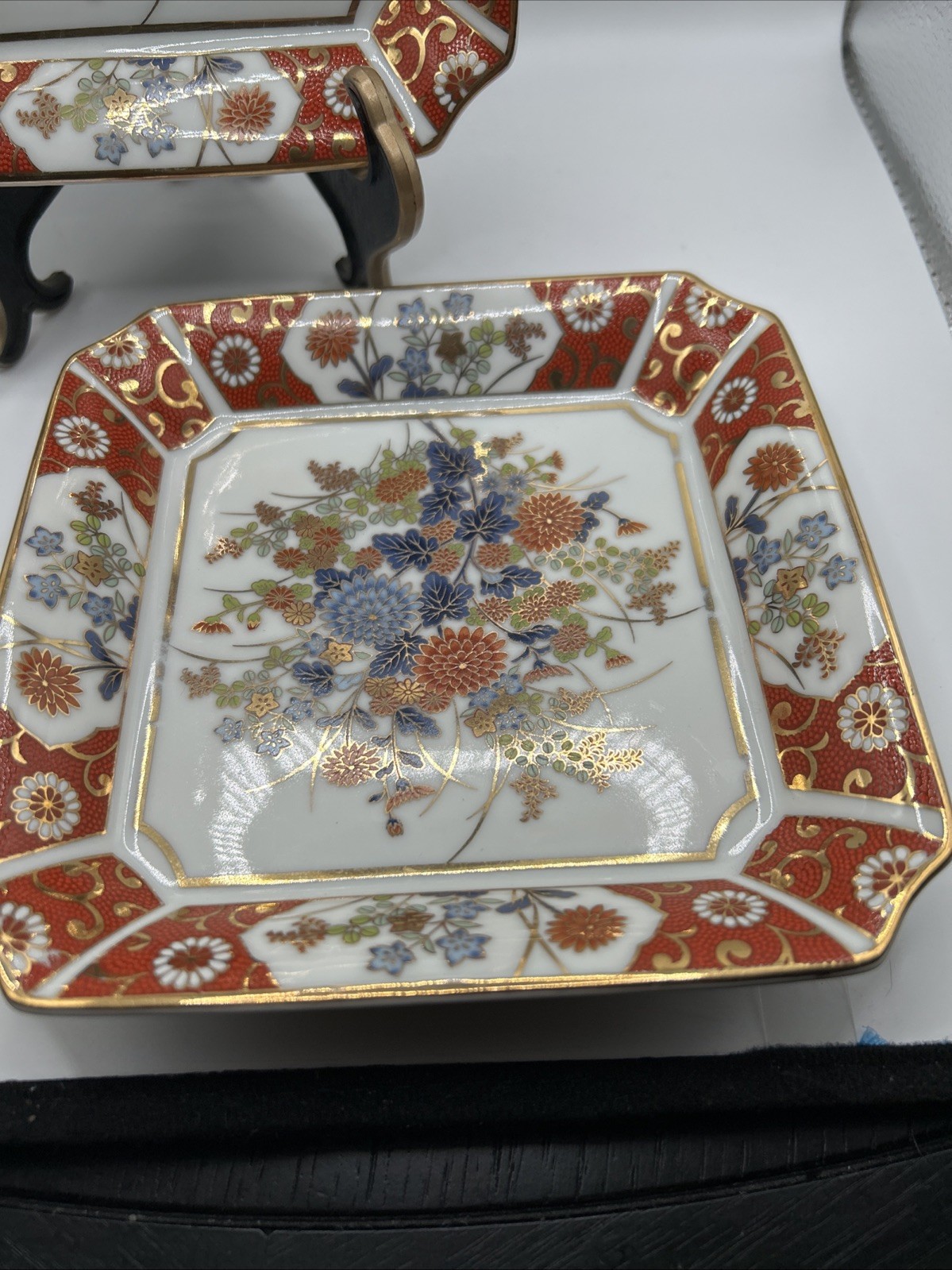 Pair Vintage Mid Century Japanese Imari Square Tray Floral Dishes