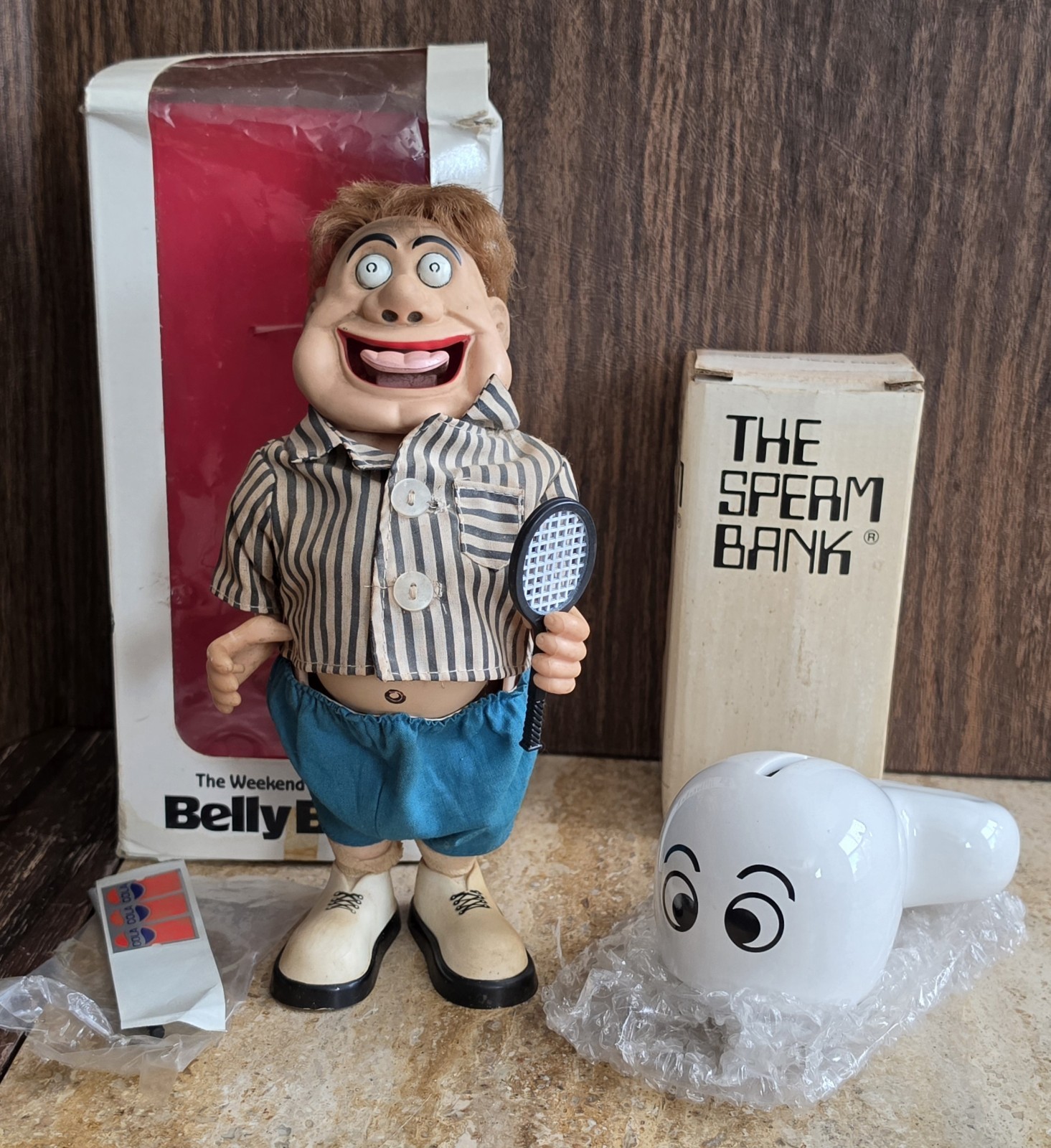 Two 1980s Humorous Banks ~ The Sperm Bank & The Weekend Sportmans Belly Bank