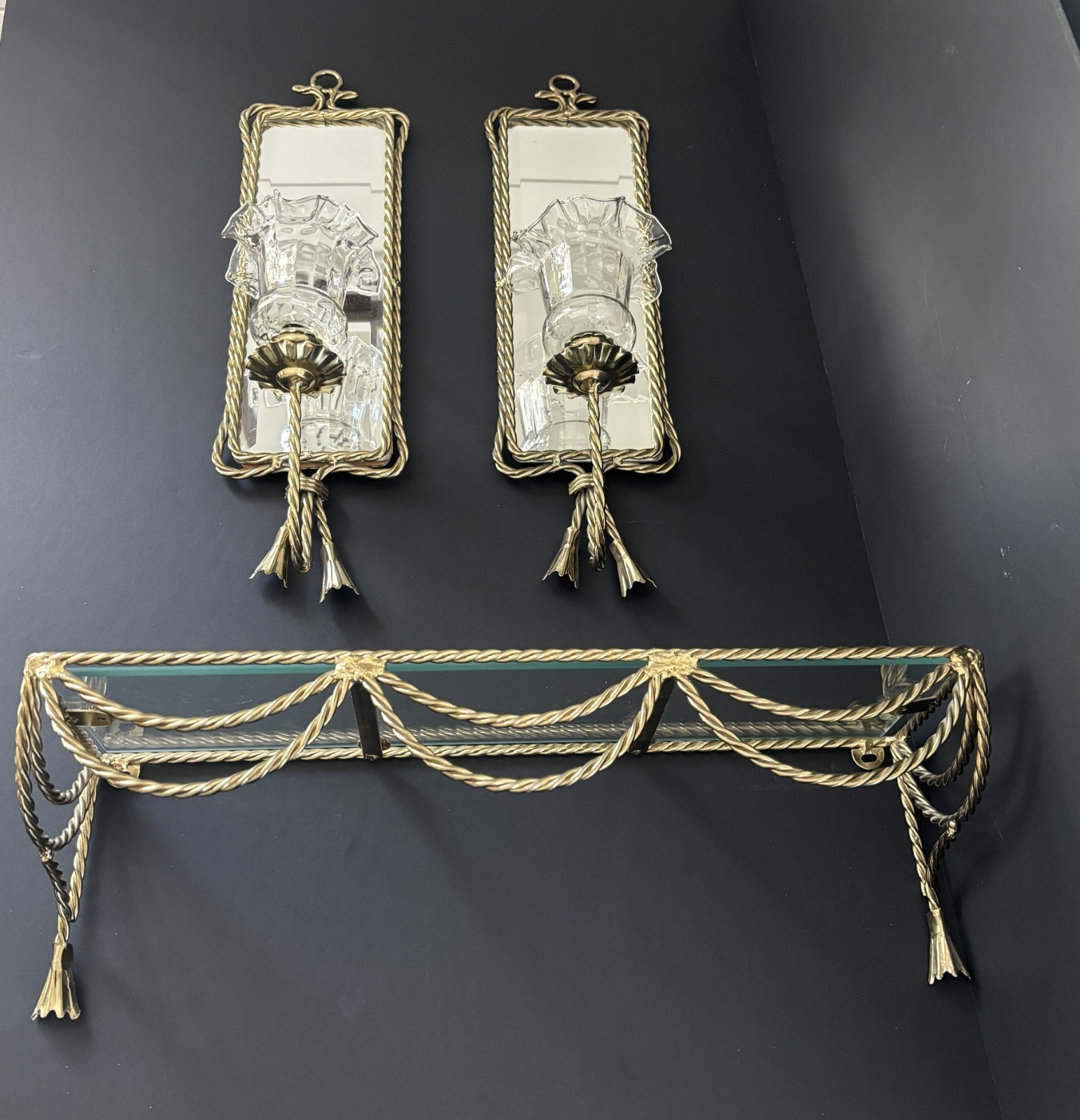 3 pc. Vtg Home Interior Metal Gold Brass Rope Twist Candle Sconces /Shelf Glass 3 pc. Vtg Home Interior Metal Gold Brass Rope Twist Candle Sconces /Shelf Glass