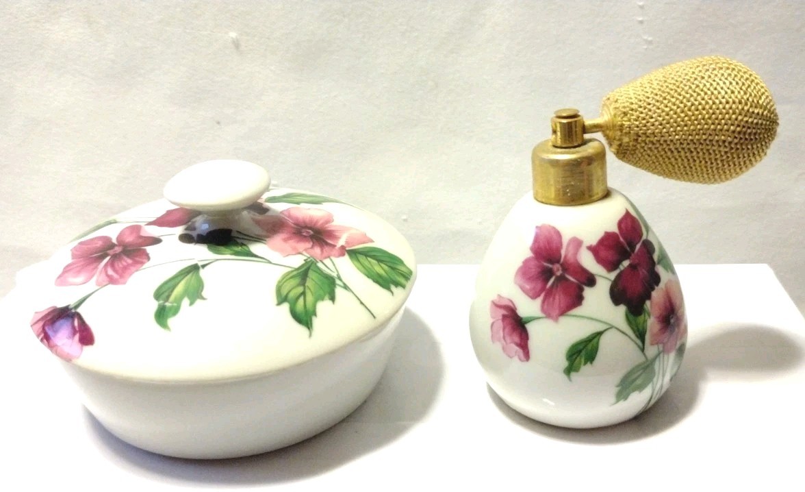 Vtg Limoges Vanity Box & Matching Atomizer Ulysse France Floral READ DESC B2