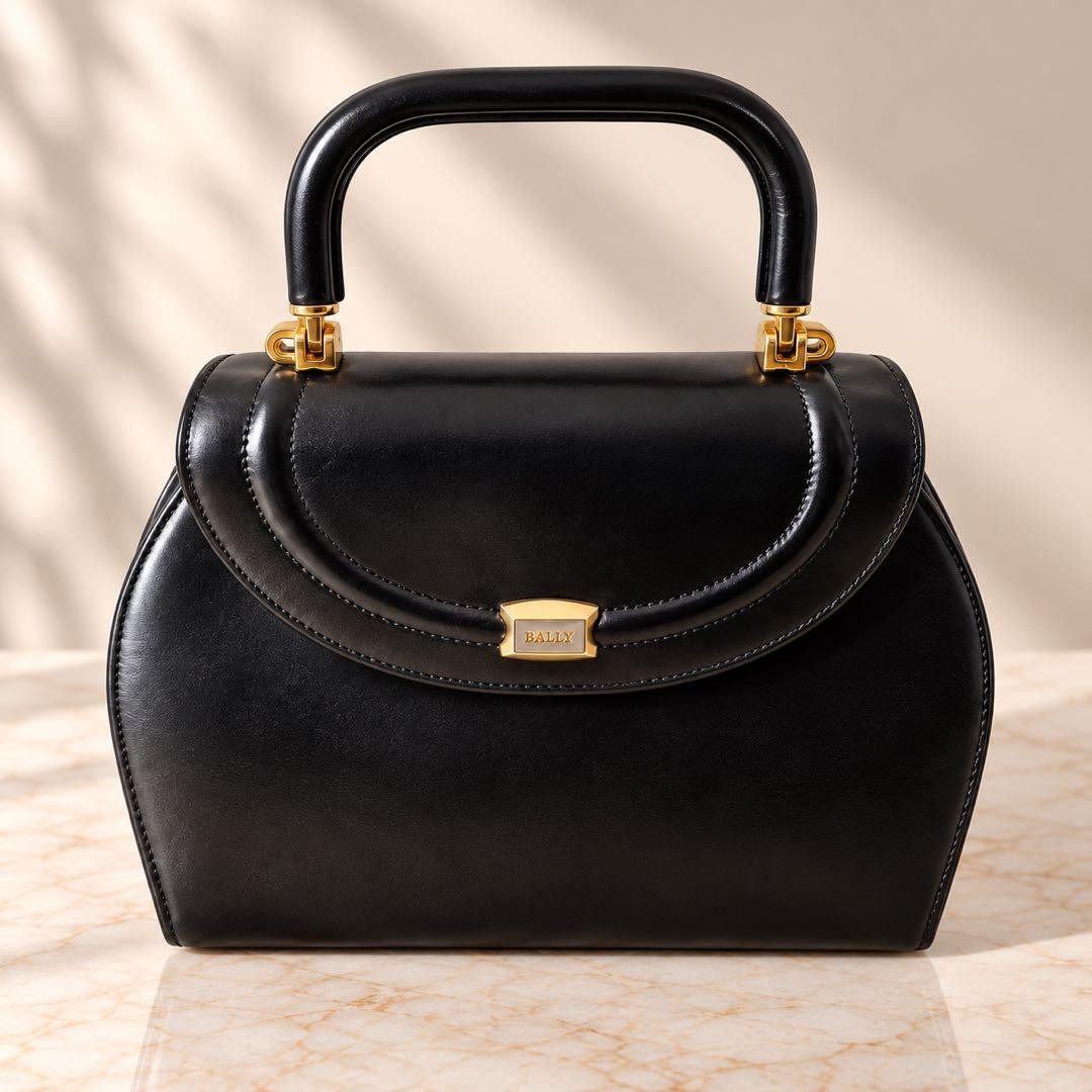 Bally Vintage Leather Handbag Black Gold Hardware Made in Italy