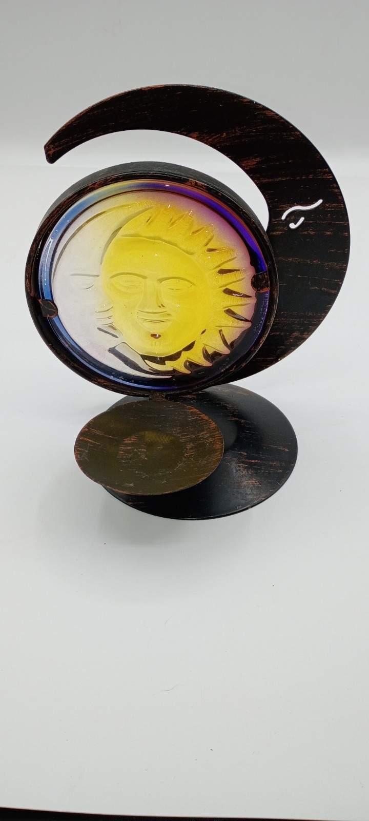 Vtg.90s Spencers Gifts Celestial Sun Moon Candle holder Metal 3D Molded Glass