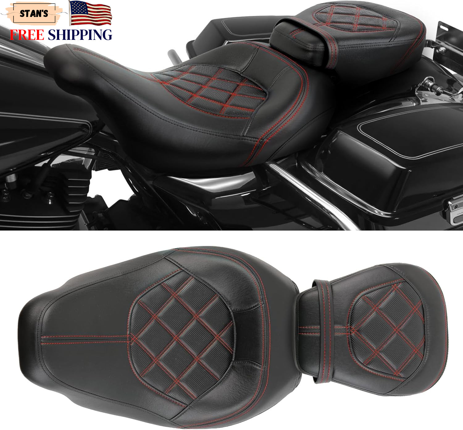 Low-Profile Driver Passenger Seat Pillion Set Compatible with Harley Touring Roa Low-Profile Driver Passenger Seat Pillion Set Compatible with Harley Touring Roa