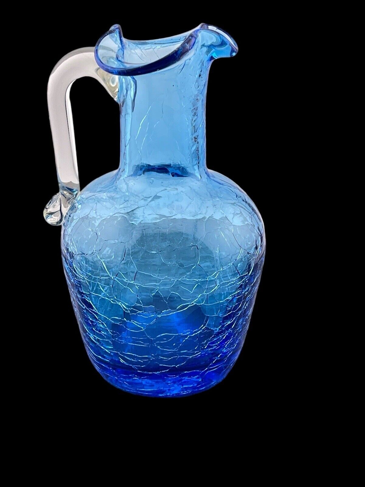 VTG Blue Pilgrim Blown Crackle Art Glass Mini Pitcher Bud Vase