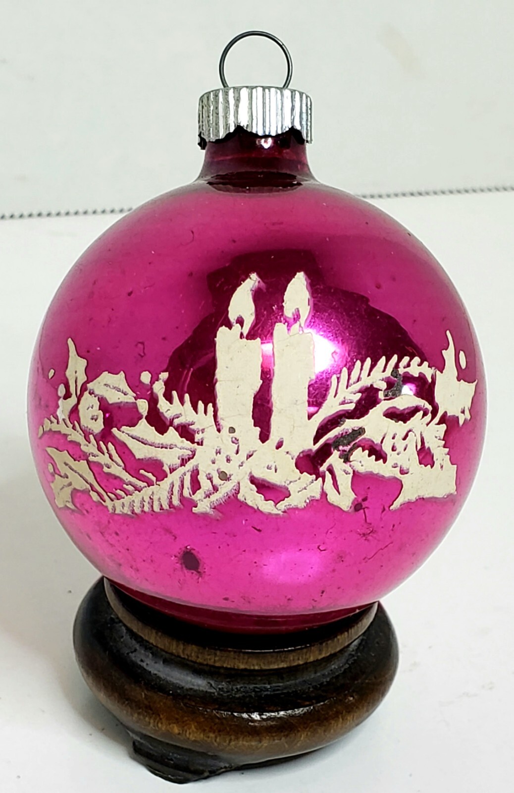 Vintage Shiny Brite Hot Pink Stenciled Candles and Holly Glass  Ornament 3\'\'