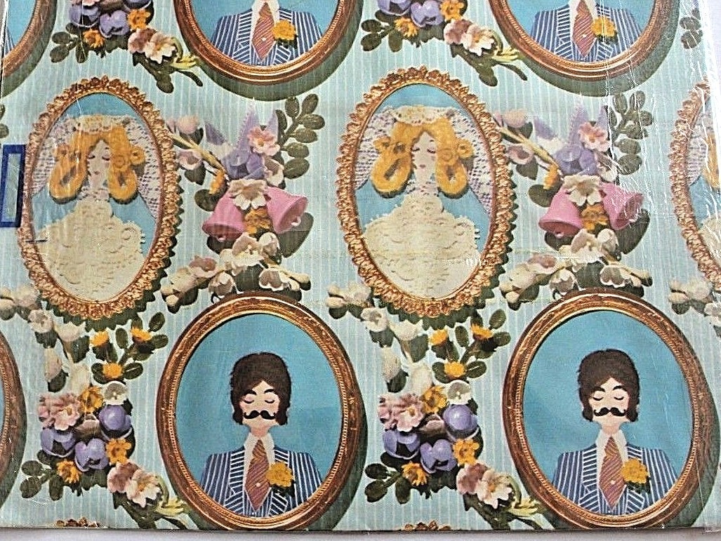 Vtg Gift Wrap Wrapping paper Bride Groom MCM Wedding Sealed 70\'s Mod NOS Groovy