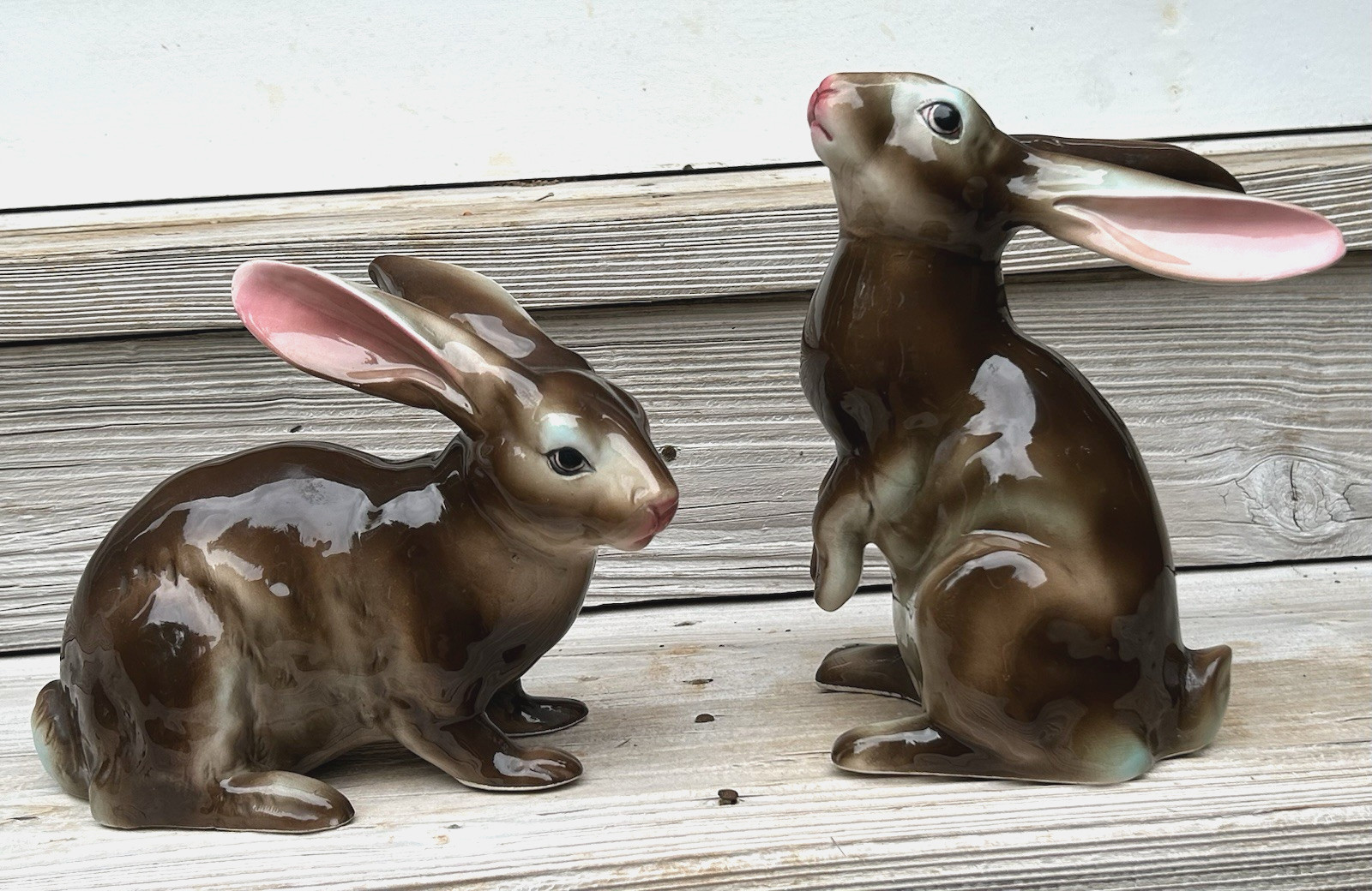 Large Pair Vintage Porcelain Rabbit Figurines Japan Brown Rabbits Large Pair Vintage Porcelain Rabbit Figurines Japan Brown Rabbits