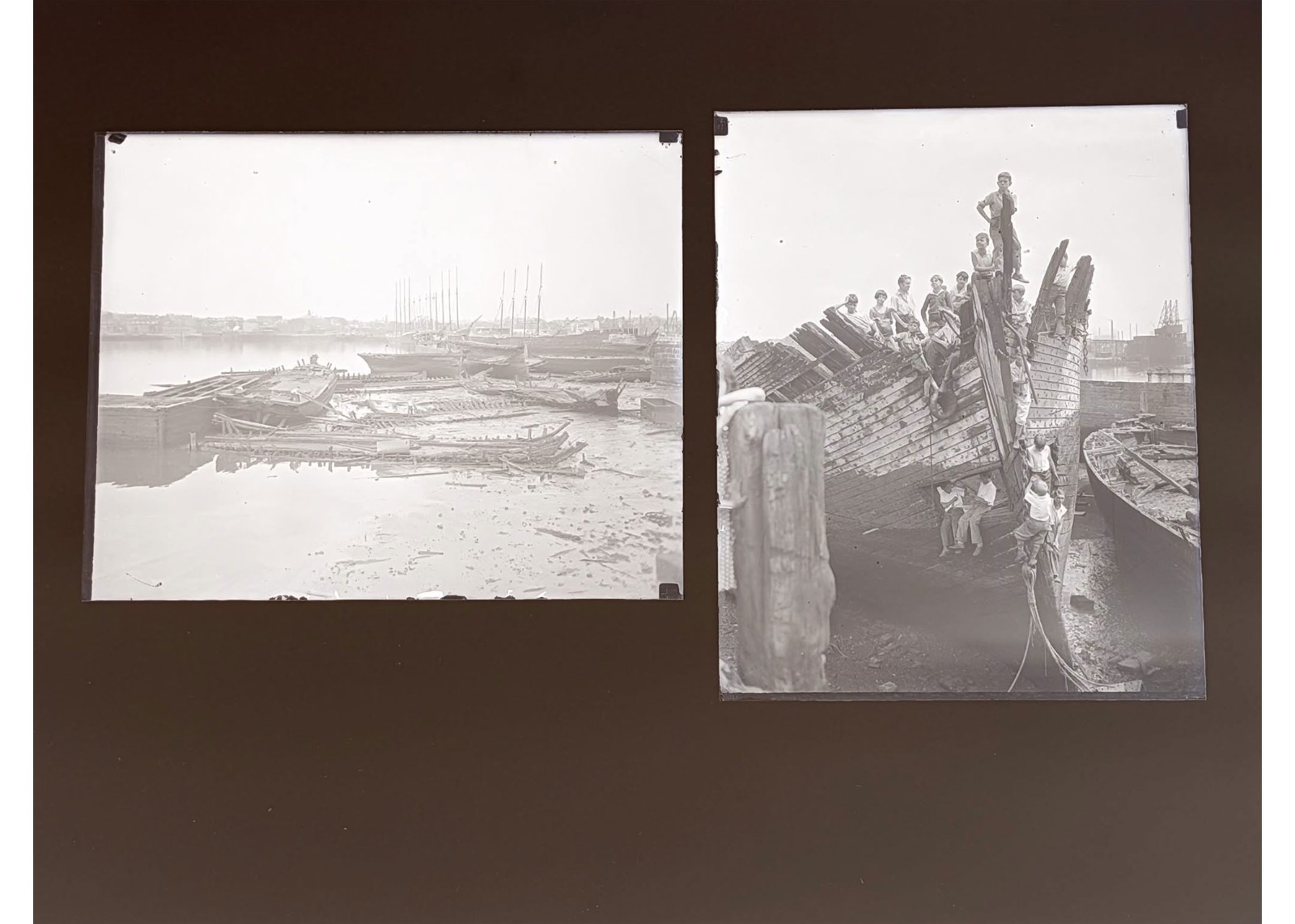 1931 Chelsea MA Ship Graveyard Boys on Wooden Schooner Glass Negatives (2) OOAK