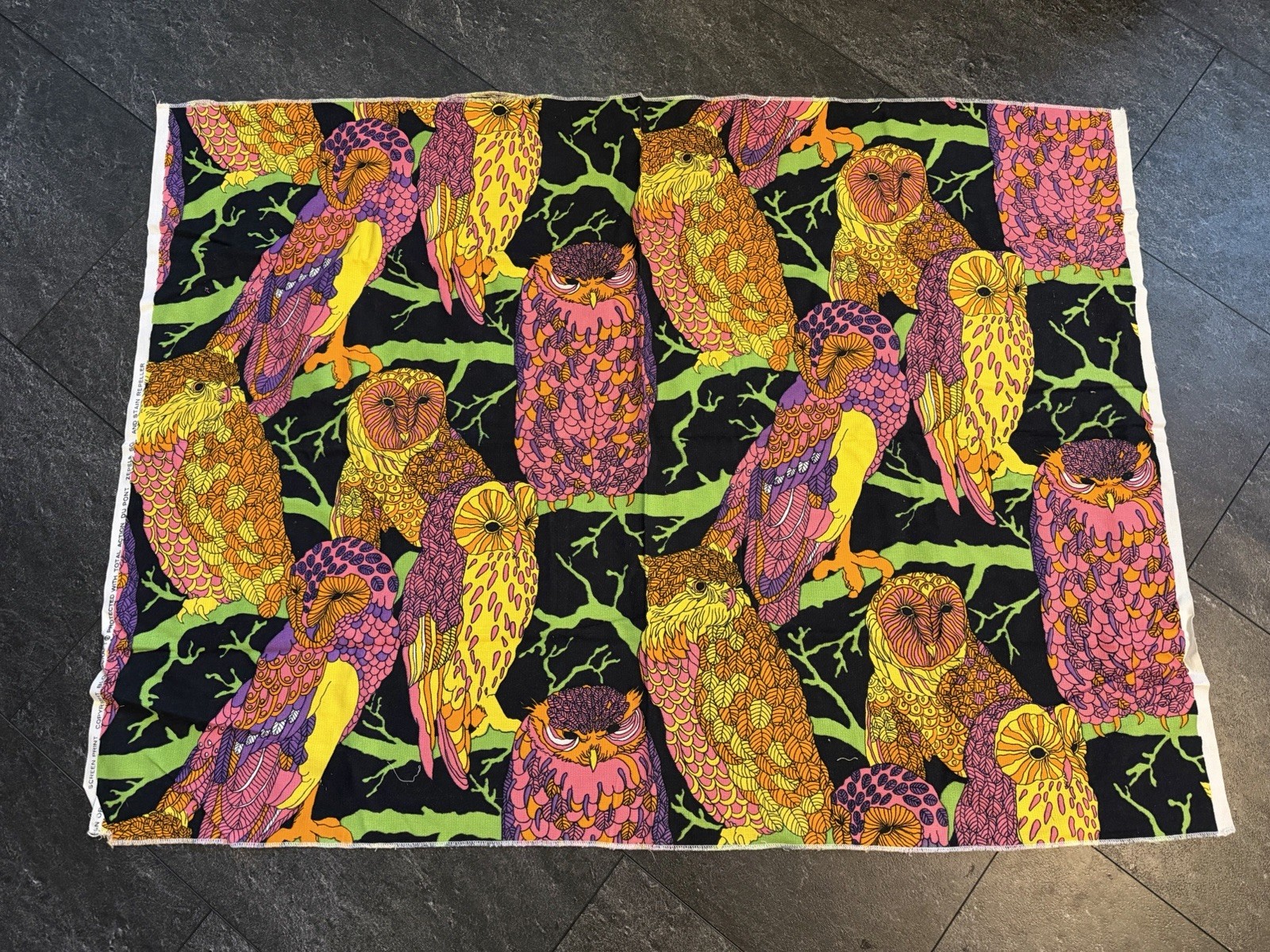 Vintage Bloomcraft Psychedelic Neon Colorful Owl Pattern Fabric Barred Screech