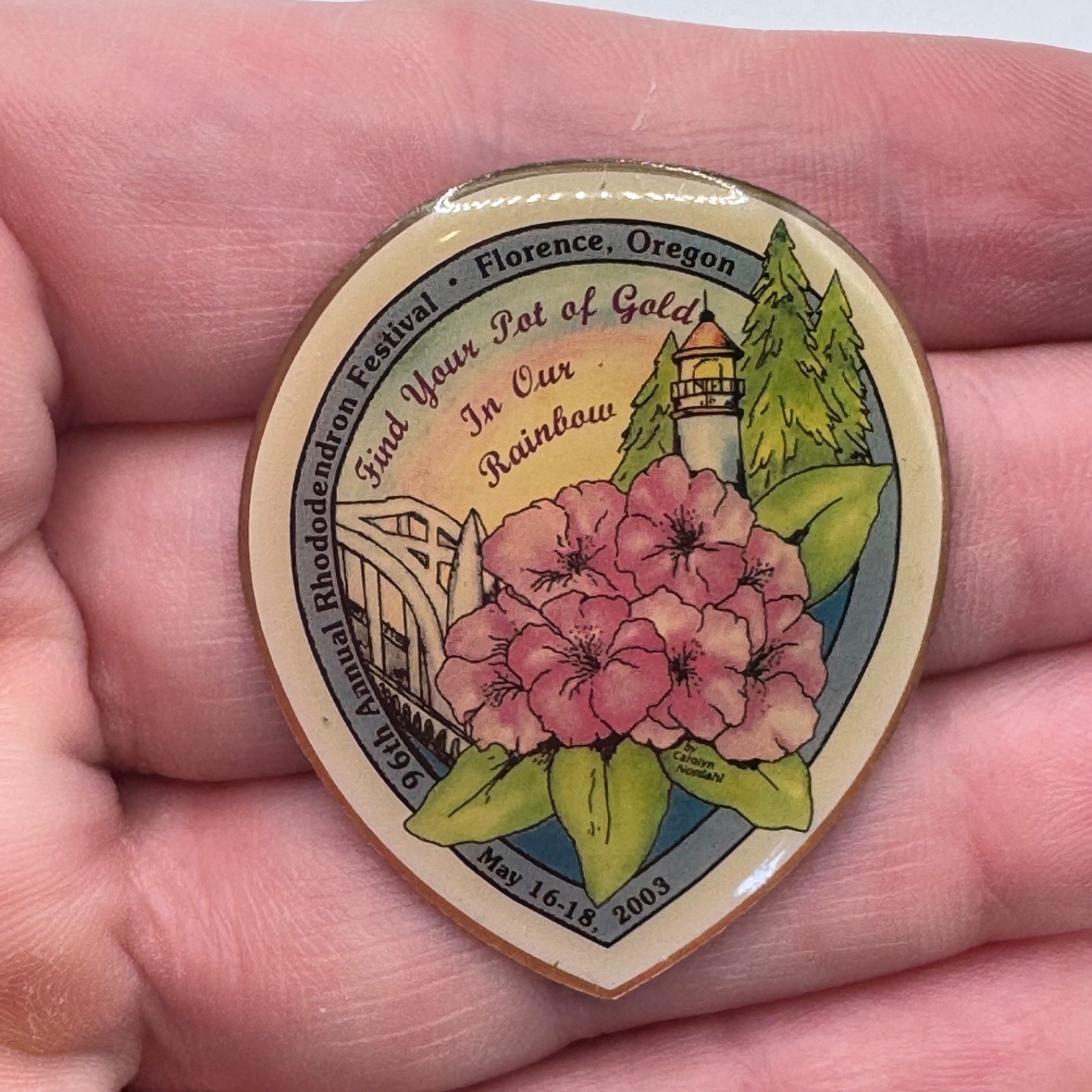 2003 Florence Rhododendron Festival Lapel Pin Oregon Bridge Souvenir Enamel 2003 Florence Rhododendron Festival Lapel Pin Oregon Bridge Souvenir Enamel