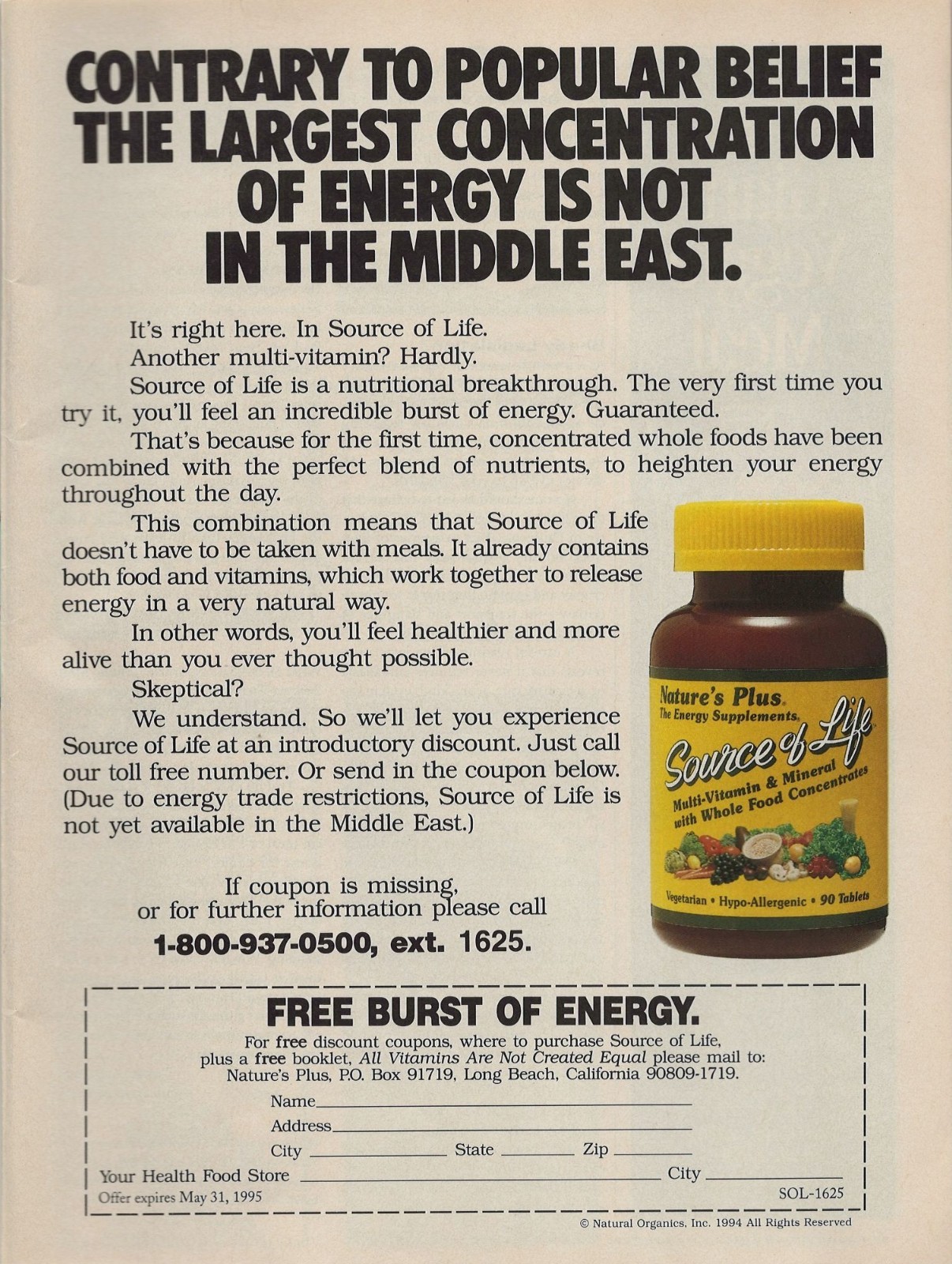 Natures Plus Source Of Life Multi Vitamin Vintage Print Ad 1995 Long Beach Ca u