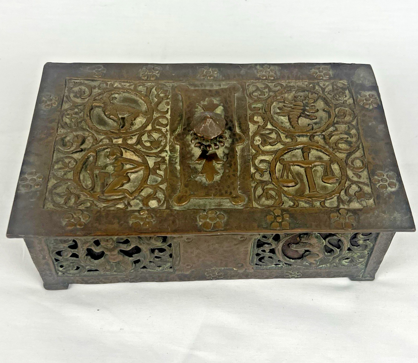 Antique Oscar Bach Bronze Zodiac Humidor Box Art Deco Astrology 1920s