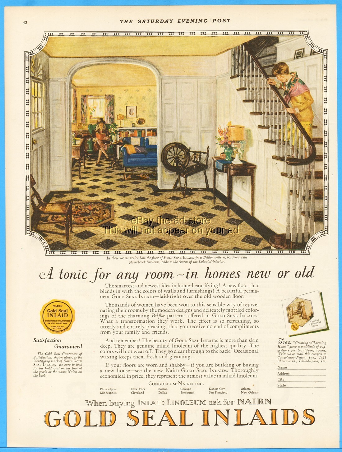 1927 Congoleum Gold Seal Linoleum 1920\'s Flooring Home Wall Decor Vintage Ad