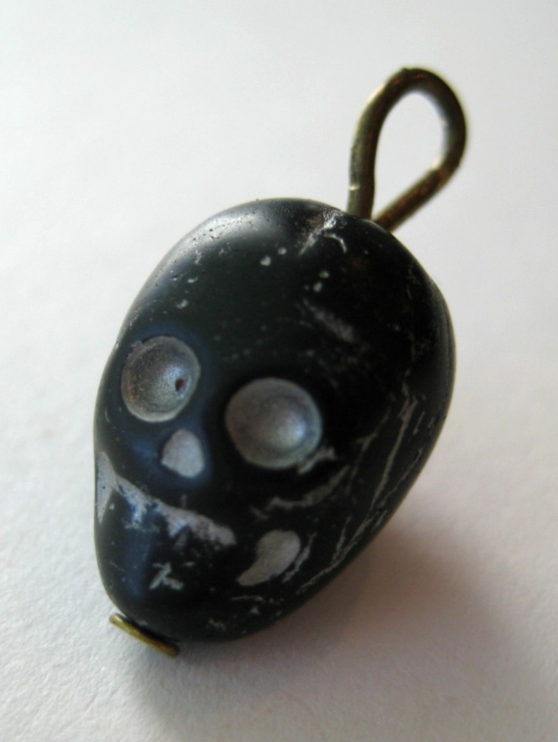 VTG New Old Stock Czech Black SKULL Charm Cracker Jack Halloween