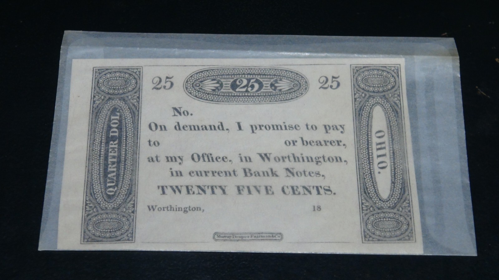 1800's Worthington Office 25 Cents Ohio Note UNC 1800's Worthington Office 25 Cents Ohio Note UNC