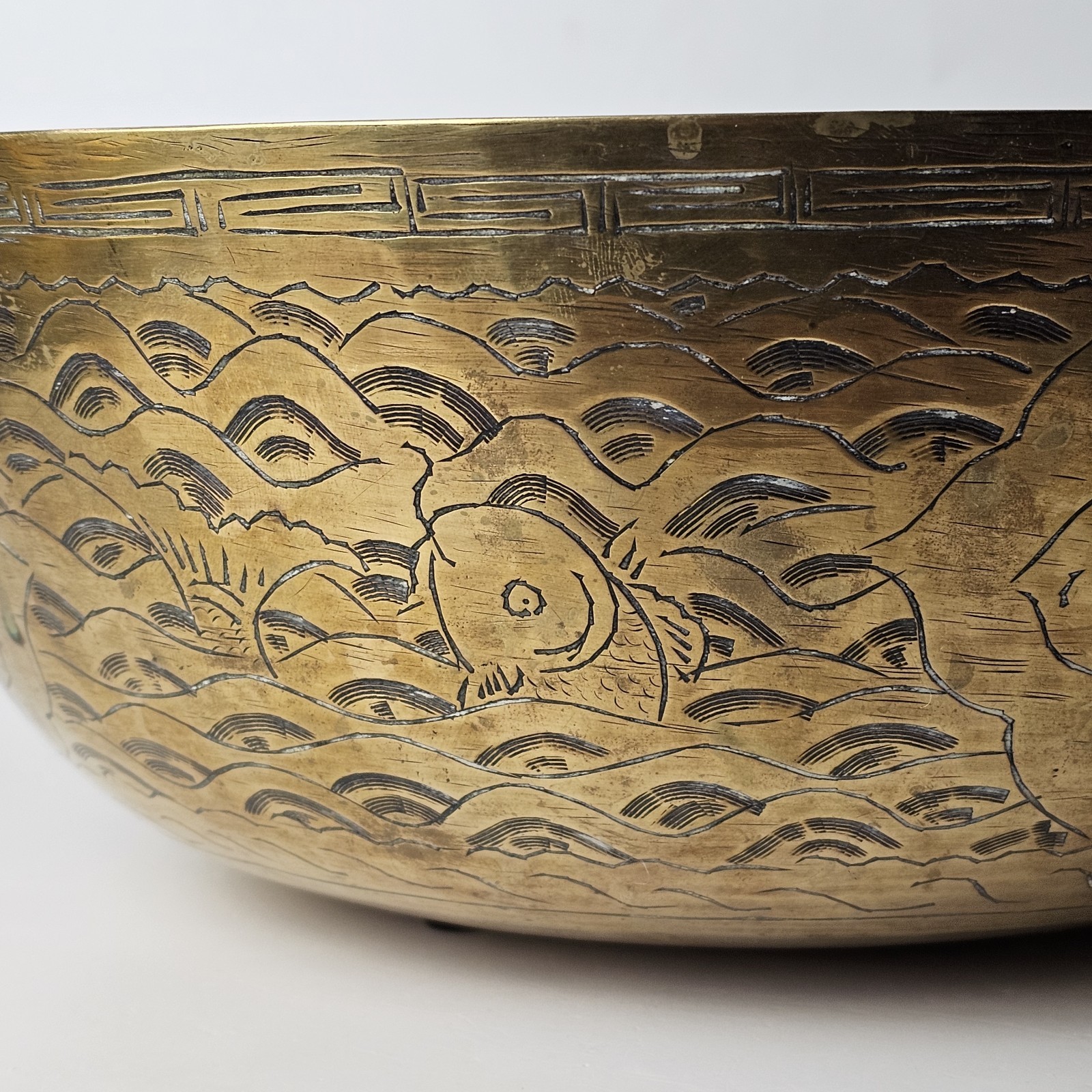 Antique Chinese Brass Engraved Dragon & Fish Motif Marked Antique Chinese Brass Engraved Dragon & Fish Motif Marked