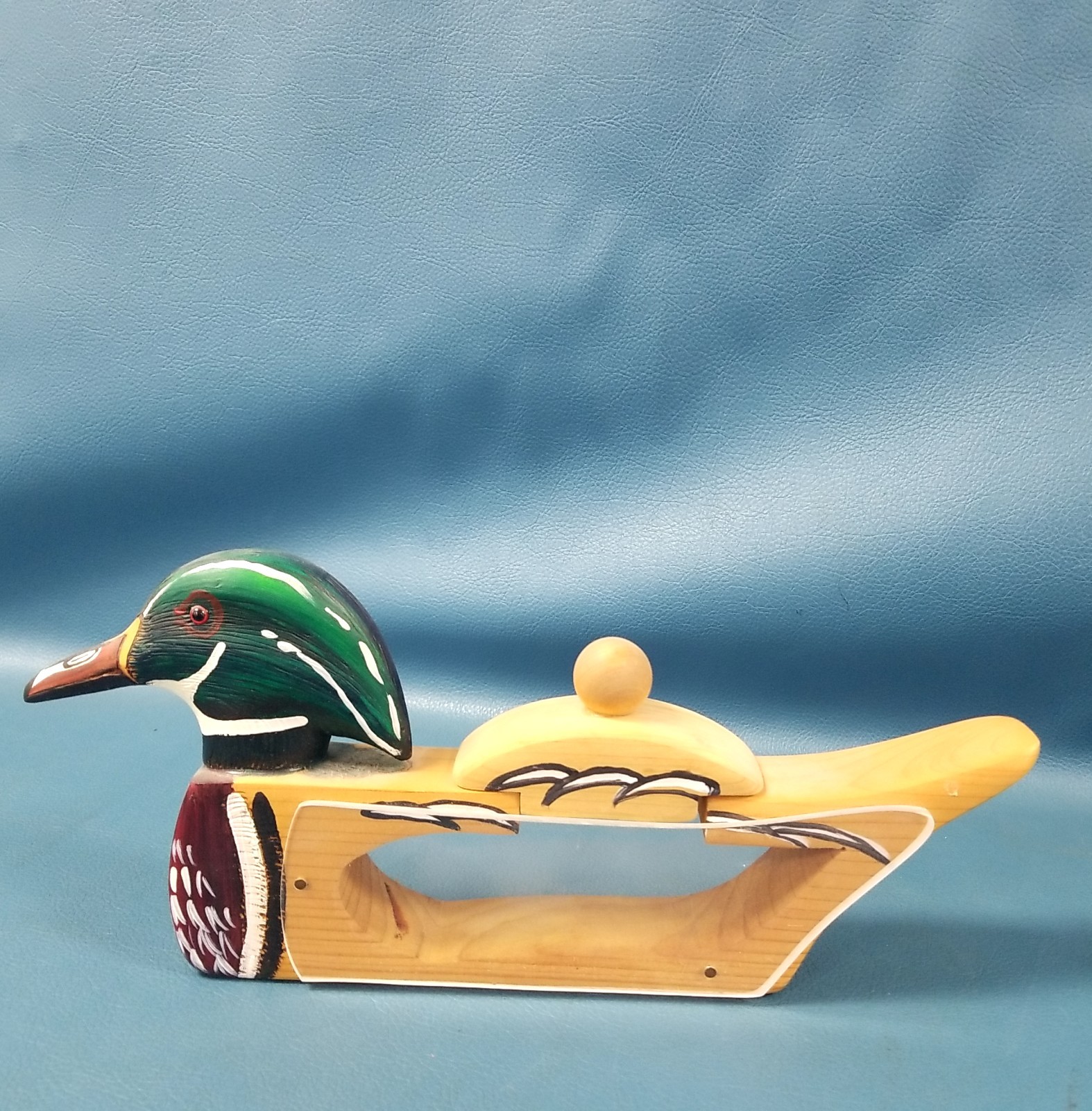 Vintage Hand Painted Wooden Duck Matchstick Holder W/ Striker Lid 12.5 Vintage Hand Painted Wooden Duck Matchstick Holder W/ Striker Lid 12.5