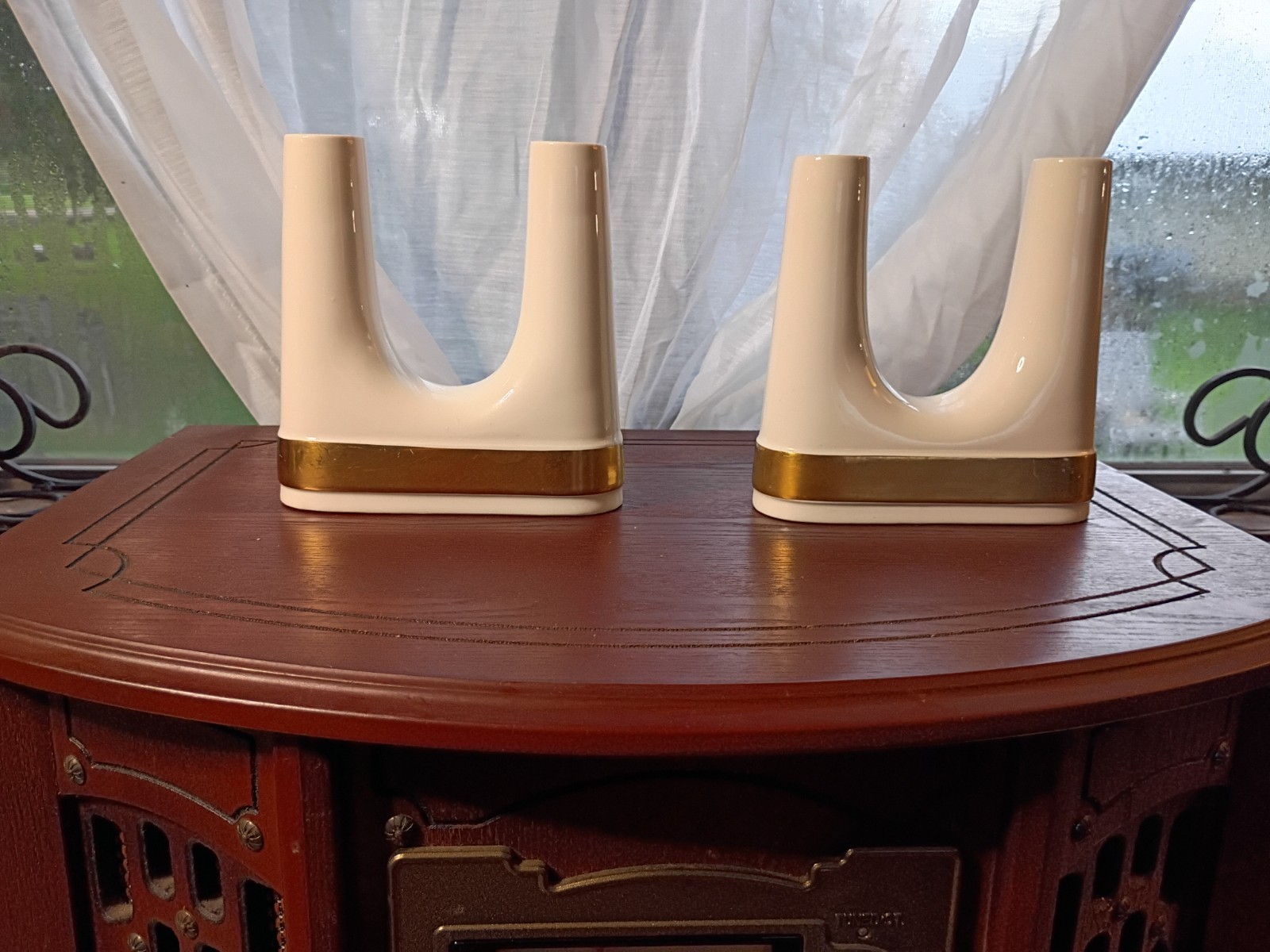 22K Gold Banded Ernest Sohn Rare Double Candlestick Holders True Pair 1950-1960 22K Gold Banded Ernest Sohn Rare Double Candlestick Holders True Pair 1950-1960
