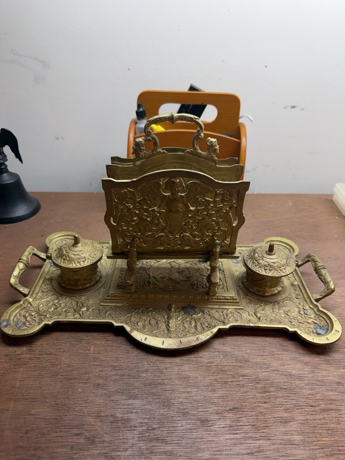 Antique Brass Double Inkwell Letter Holder Desk Stand Organizer Cherub Putti