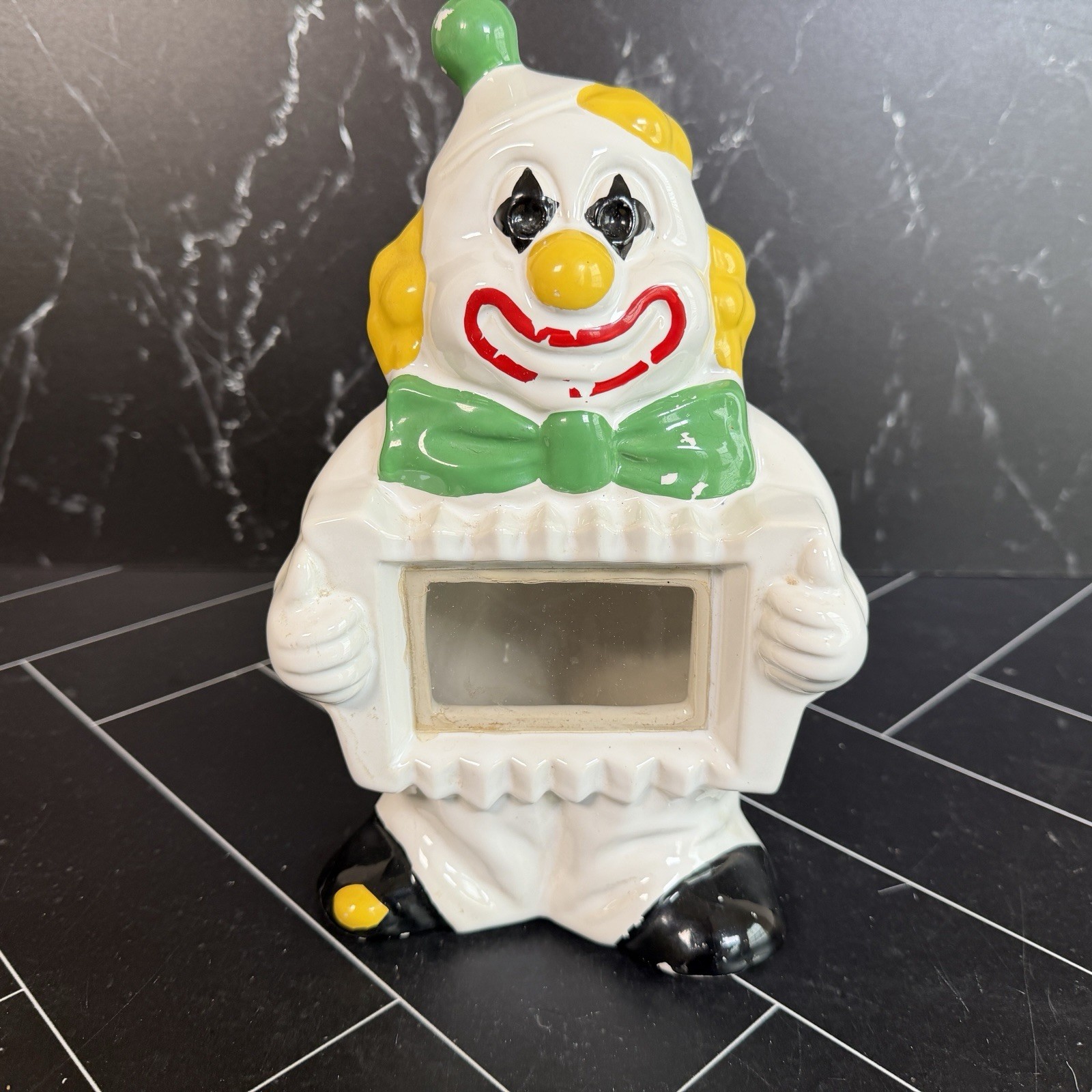 Vintage McCoy Pottery White Green Black Clown Window Bank 10 1/4 Vintage McCoy Pottery White Green Black Clown Window Bank 10 1/4