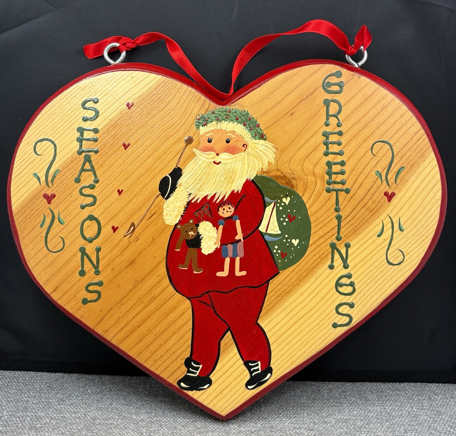 VTG 1995 Hand Painted Wooden Heart Seasons Greetings Santa Wall Hanging Decor
