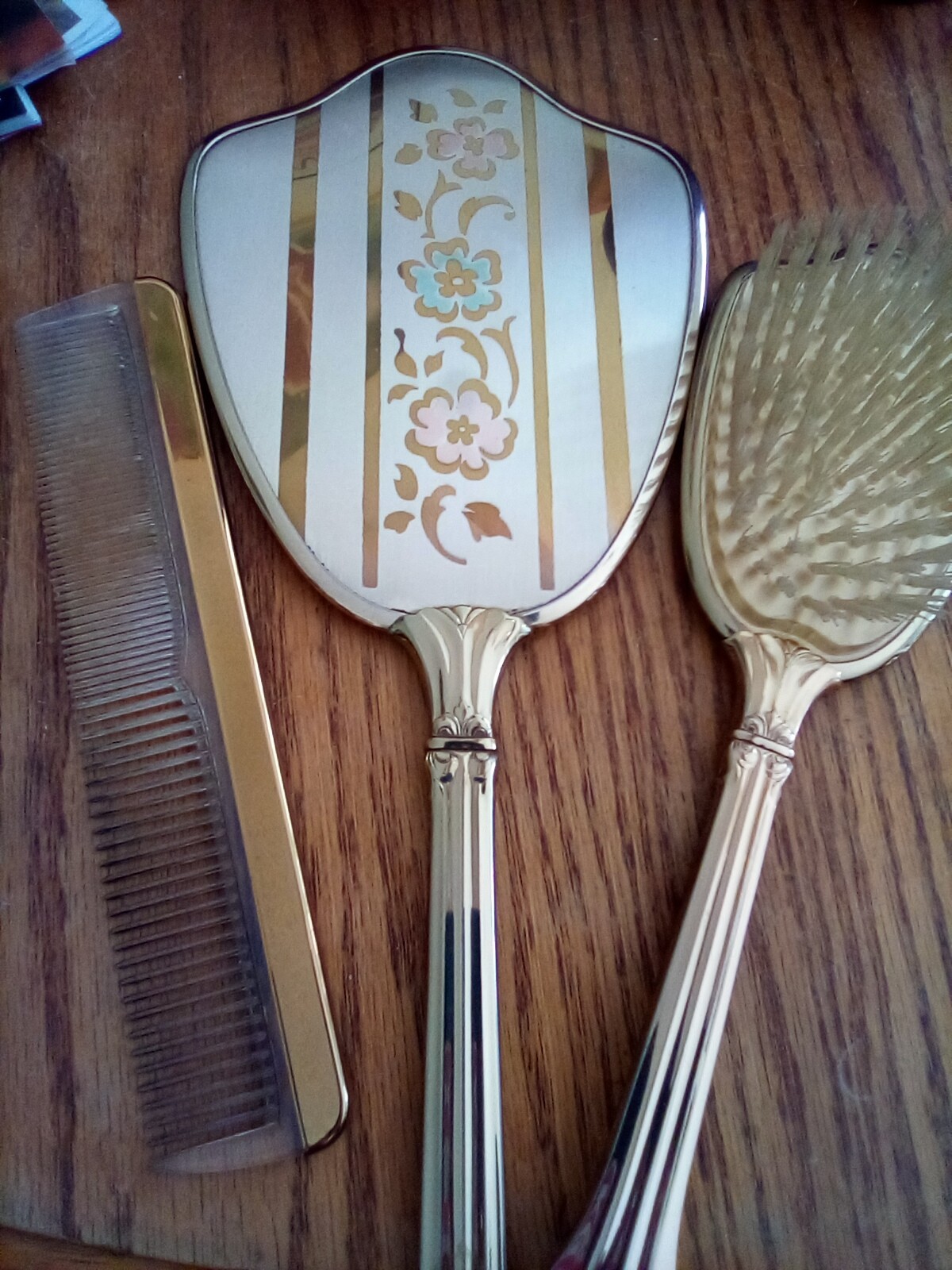 3 Pc Silver Plated Vanity Dresser Set: Hair Brush, Comb, Mirror