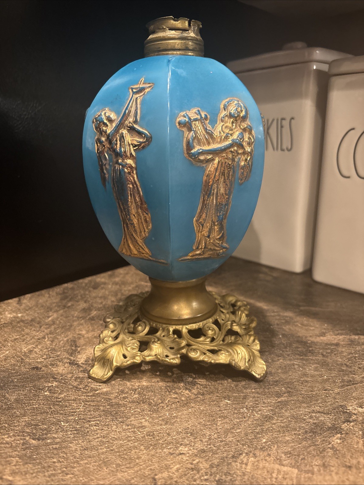 Antique Victorian Turquoise Glass Oil Lamp Base Gilt Classical Figures AS-IS