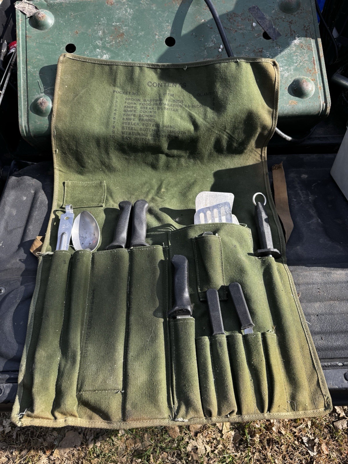 Vintage 1954 US Military Field Kitchen Utensil Set BICO Canvas Roll