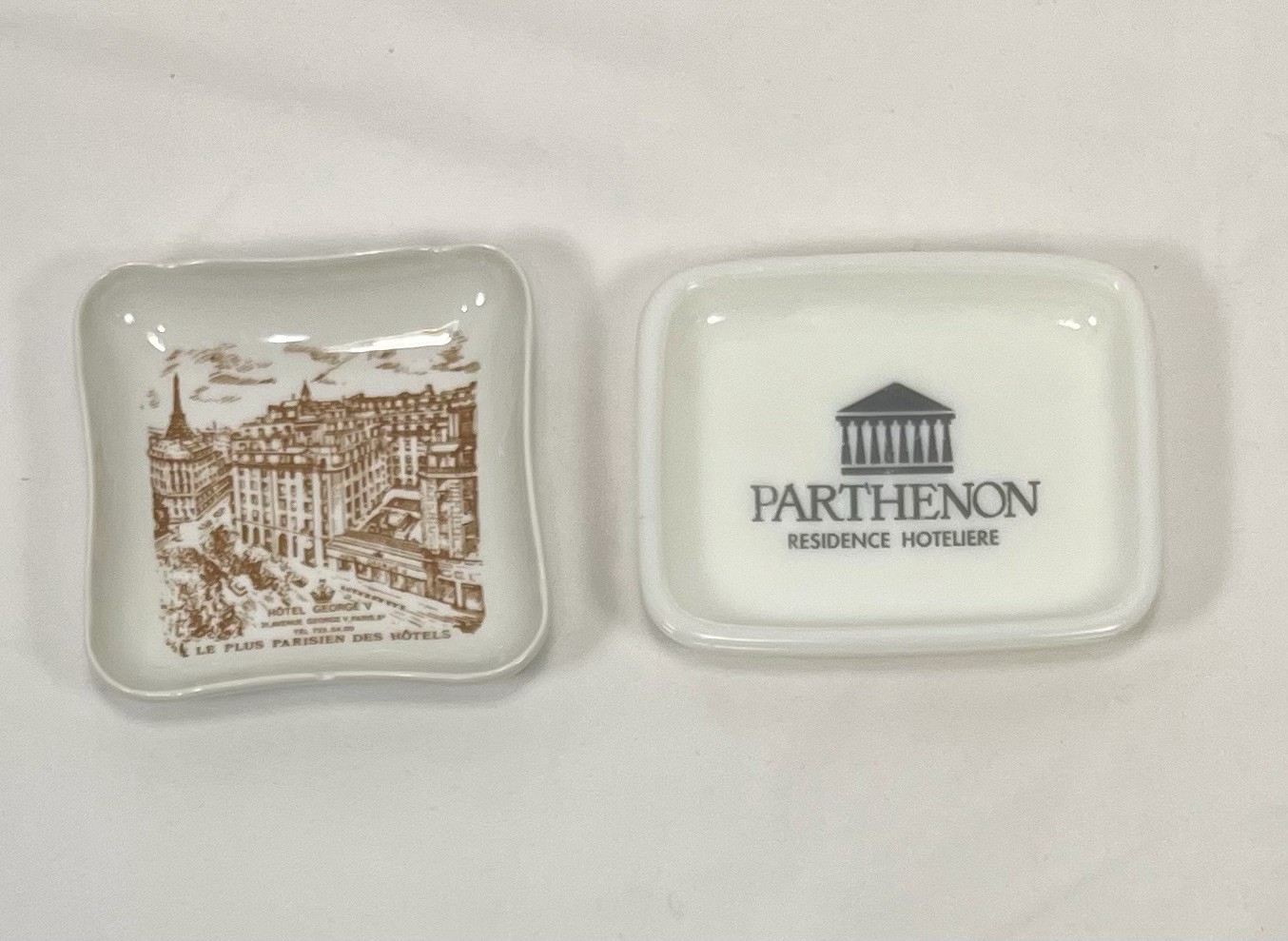 Pair of Vintage Pillivuyt France White Glass Ashtrays Hotel George/Parthenon