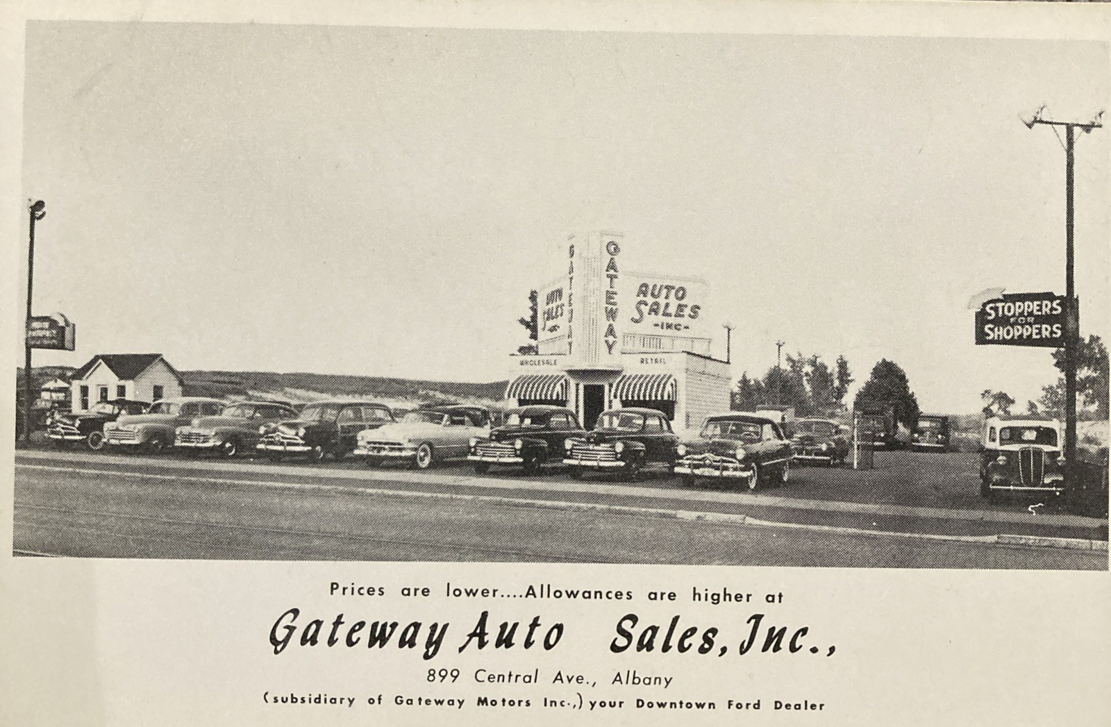 Gateway Auto Sales Ford Dealer Albany New York Ad Postcard 899 Central Ave