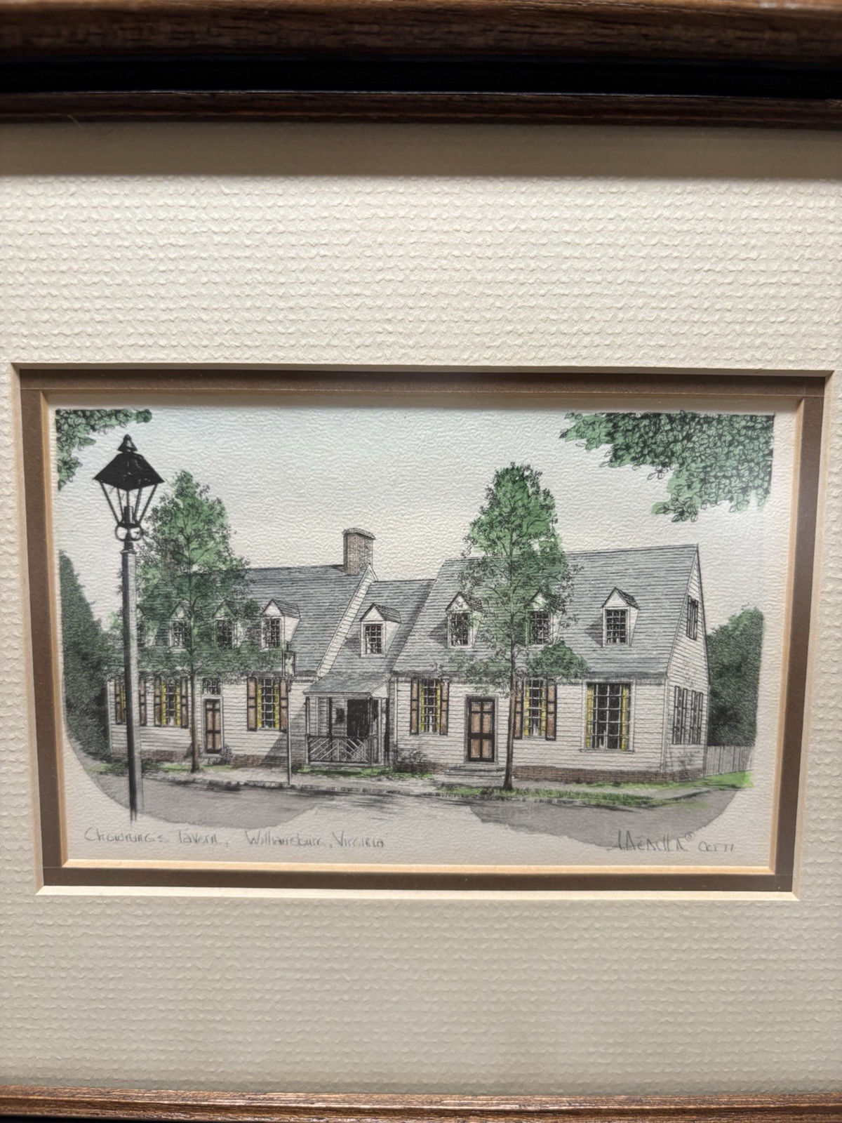 A. Dedlila Lithograph Chowning's Tavern- Williamsburg VA 1977 Framed Signed  VTG